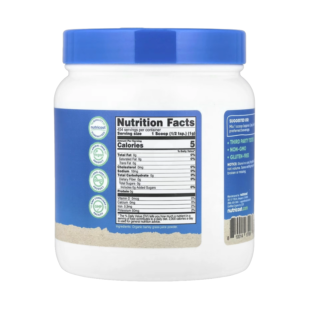 Nutricost, Organic Barley Grass Juice Powder, Unflavored, 16.2 oz, 454 g