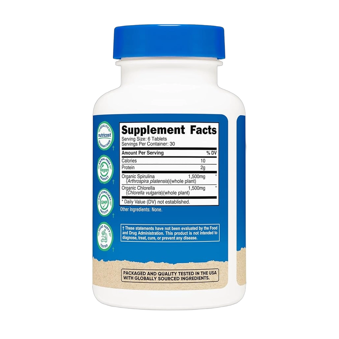 Nutricost Organic Spirulina + Chlorella (3,000mg) 180 Tablets
