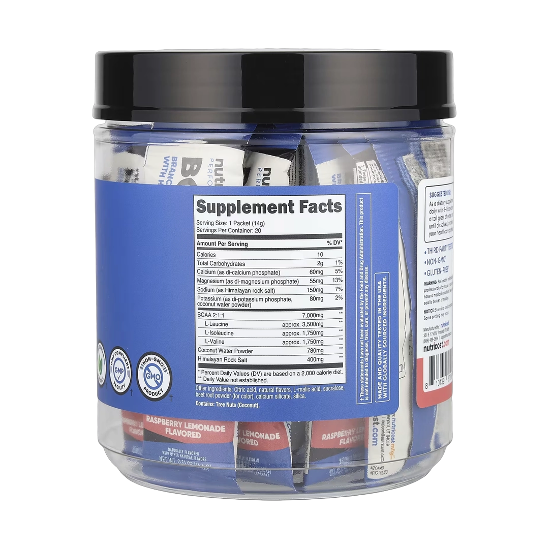 Nutricost, Performance, BCAA+, Raspberry Lemonade, 20 Packets, 0.5 oz (14 g) Each