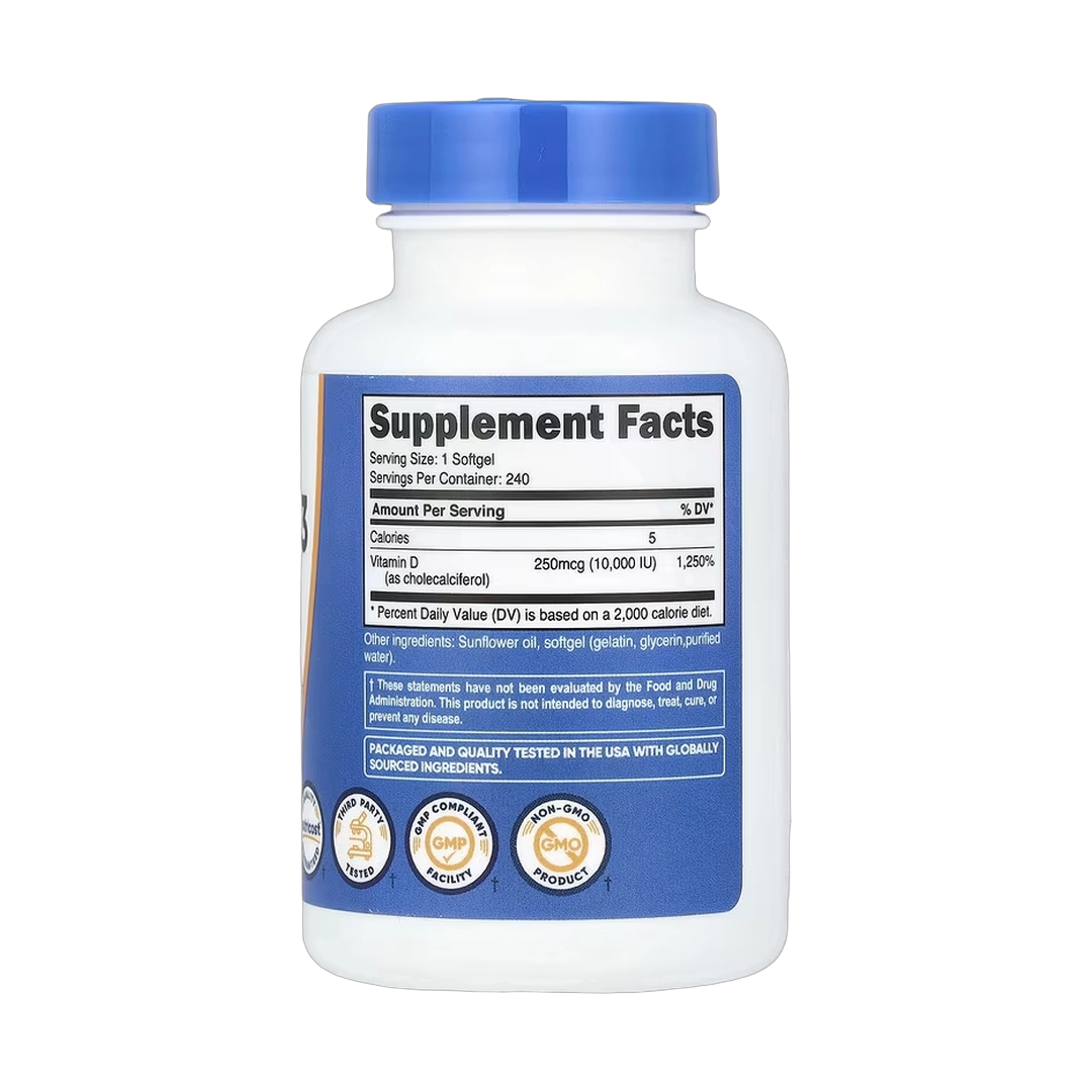 Nutricost, Vitamin D3, 250 mcg (10,000 IU), 240 Softgels