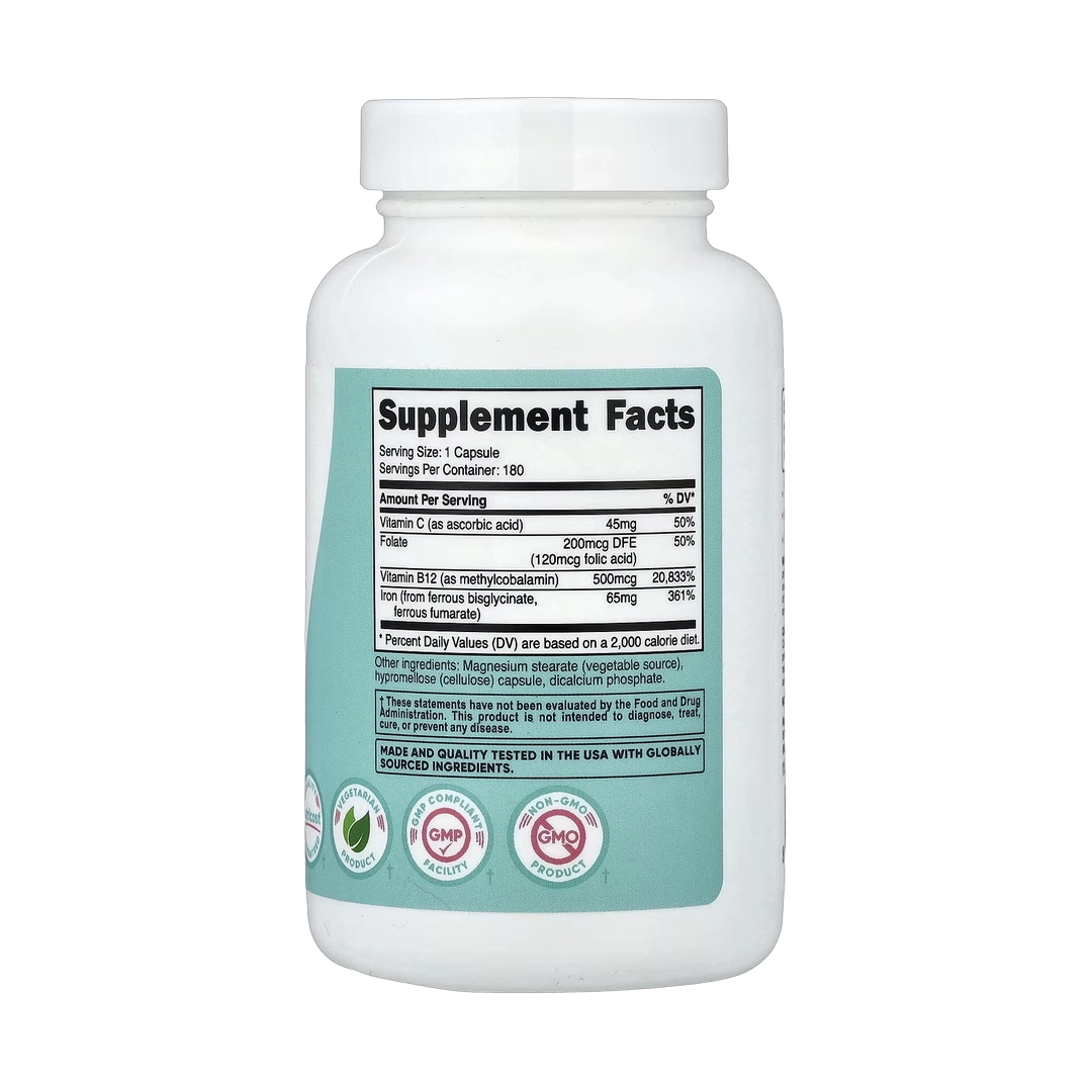 Nutricost, Women, Iron With Vitamin C, Folate, & Vitamin B12, 180 Capsules