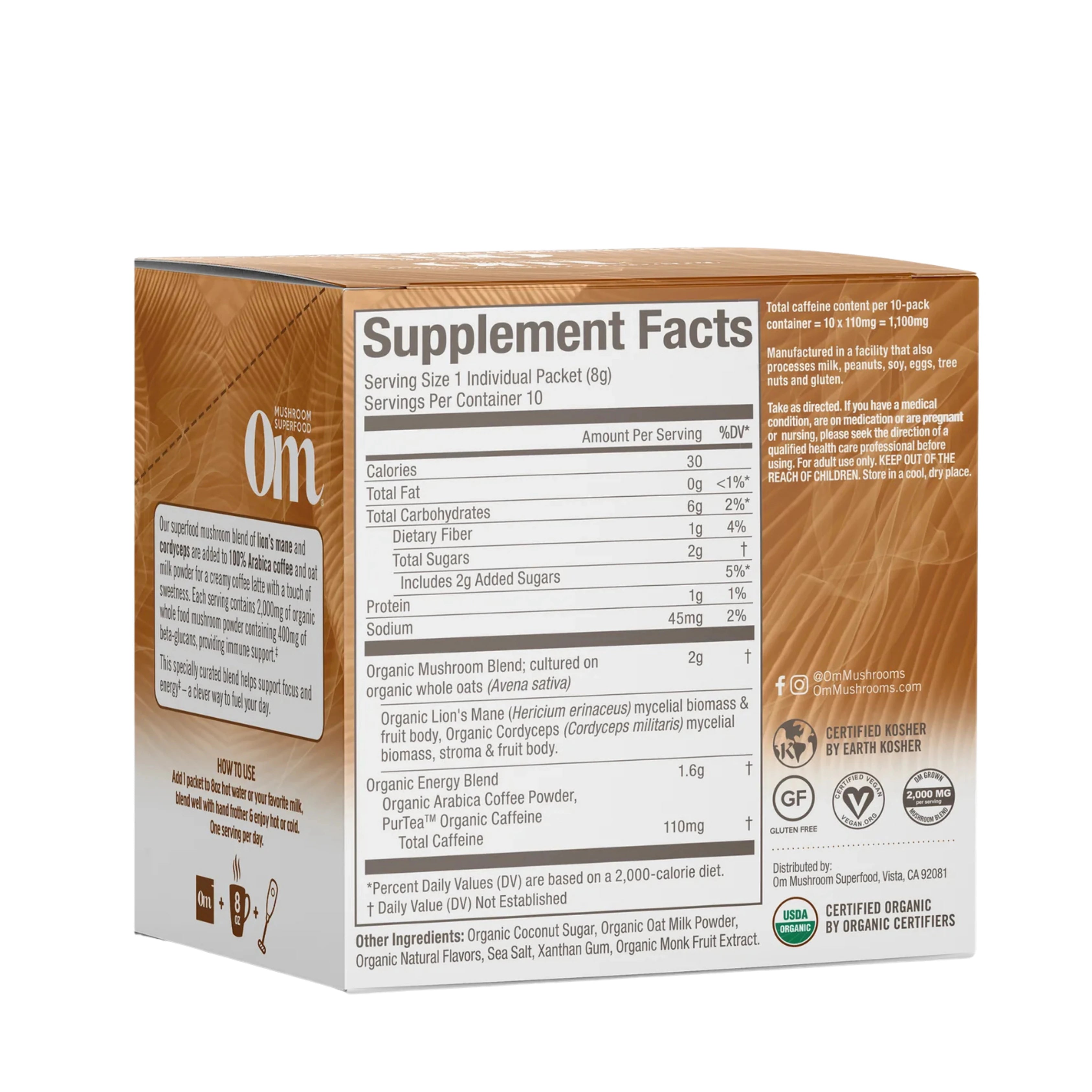 Om Mushrooms, Superfood Mushroom Blend, Coffee Latte, 10 Packets, 0.28 oz, 8 g Each