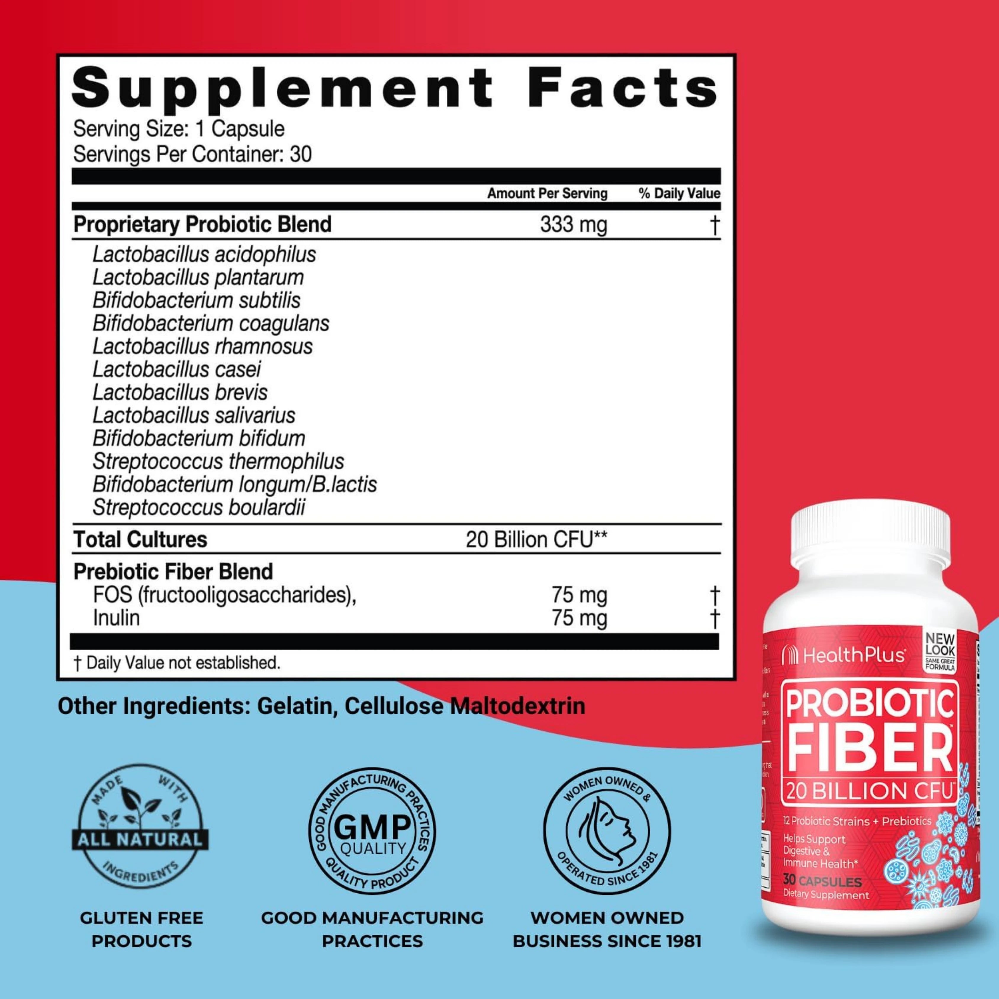 Health Plus, Probiotic Fiber, 20 Billion CFU, 30 Capsules