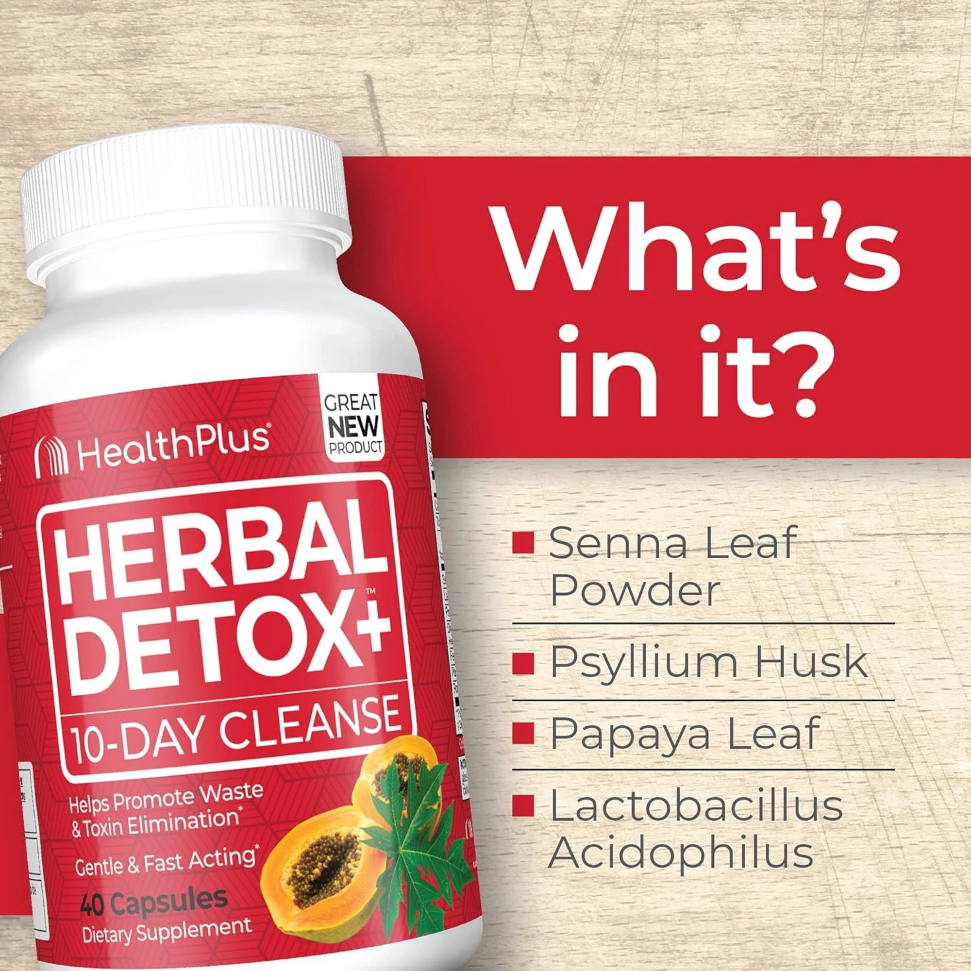Health Plus, Herbal Detox+, 10-Day Cleanse, 40 Capsules