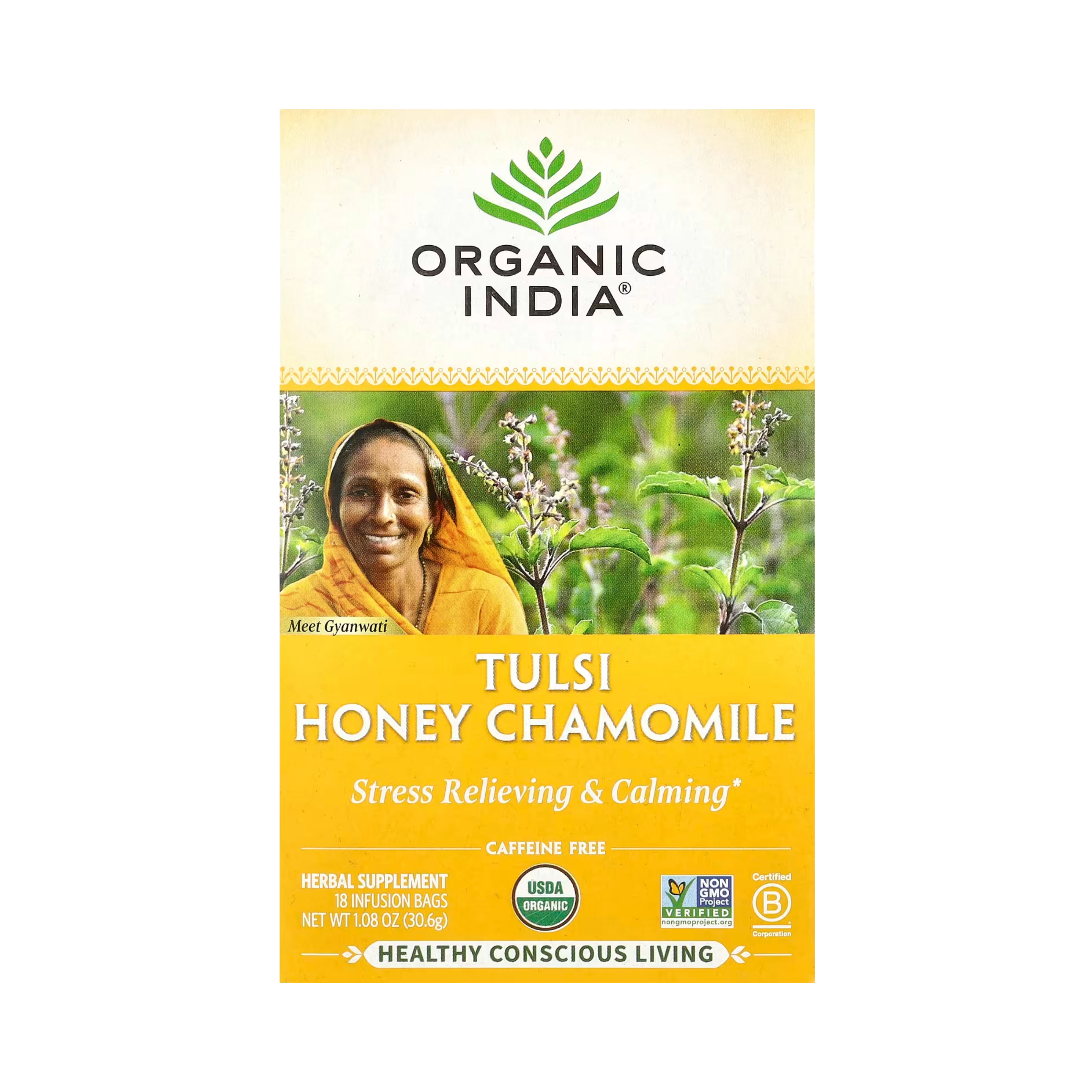 Organic India, Tulsi Tea, Honey Chamomile, Caffeine-Free, 18 Infusion Bags, 1.08 Oz