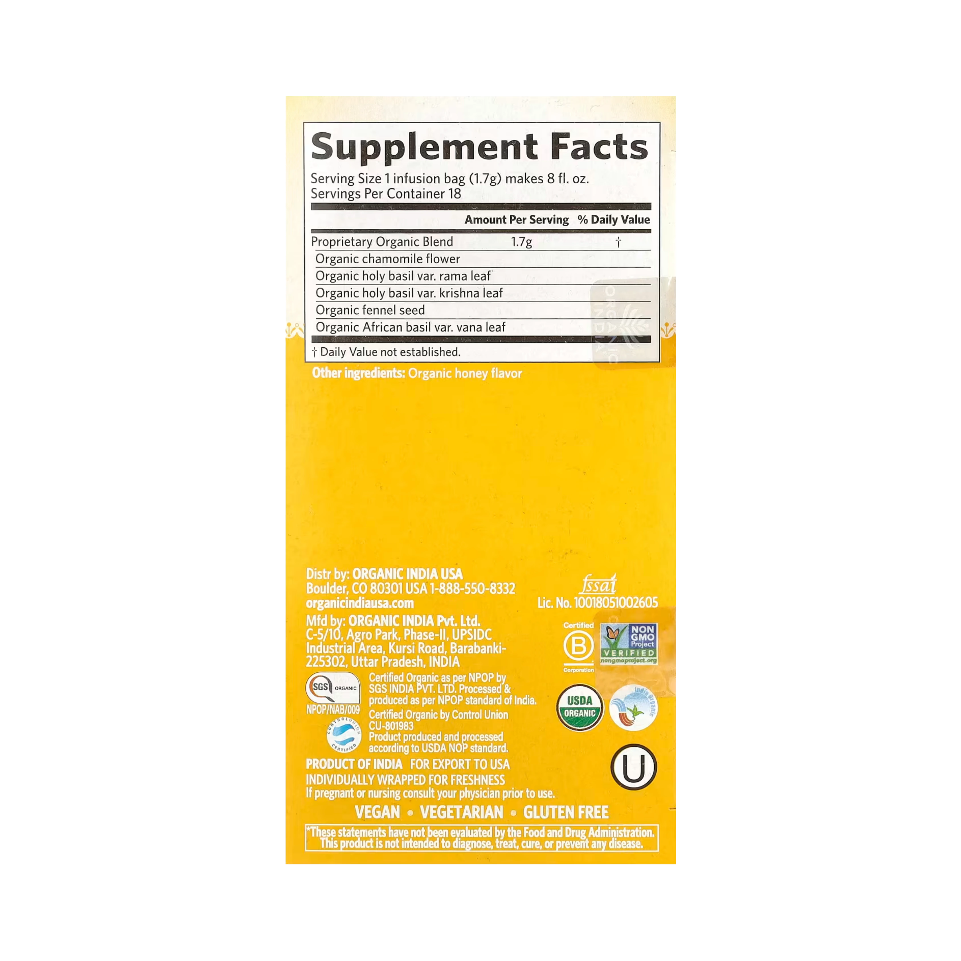 Organic India, Tulsi Tea, Honey Chamomile, Caffeine-Free, 18 Infusion Bags, 1.08 Oz