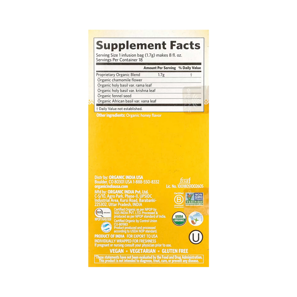 Organic India, Tulsi Tea, Honey Chamomile, Caffeine-Free, 18 Infusion Bags, 1.08 Oz