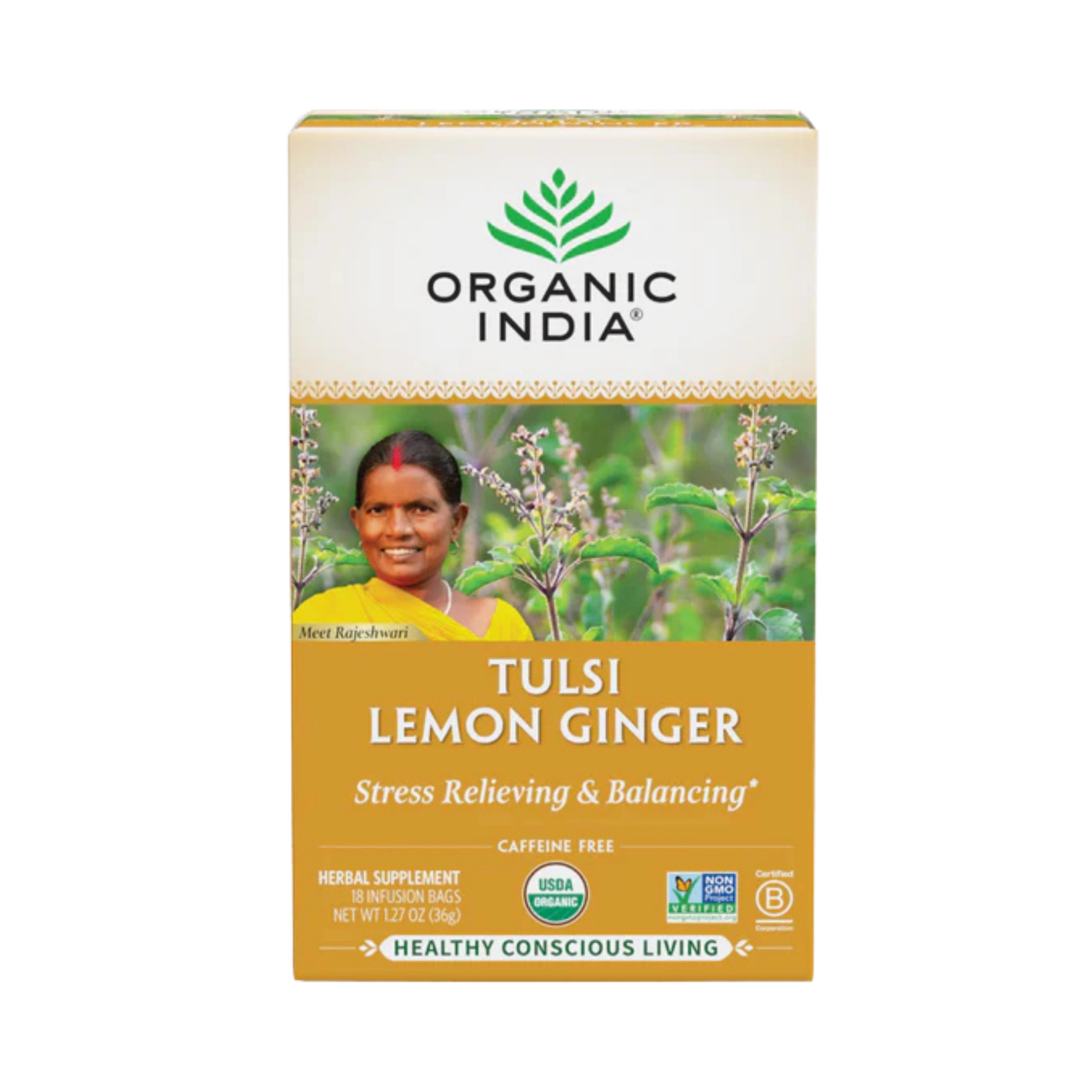 Organic India, Tulsi Tea, Lemon Ginger, Caffeine-Free, 18 Infusion Bags, 1.27 Oz