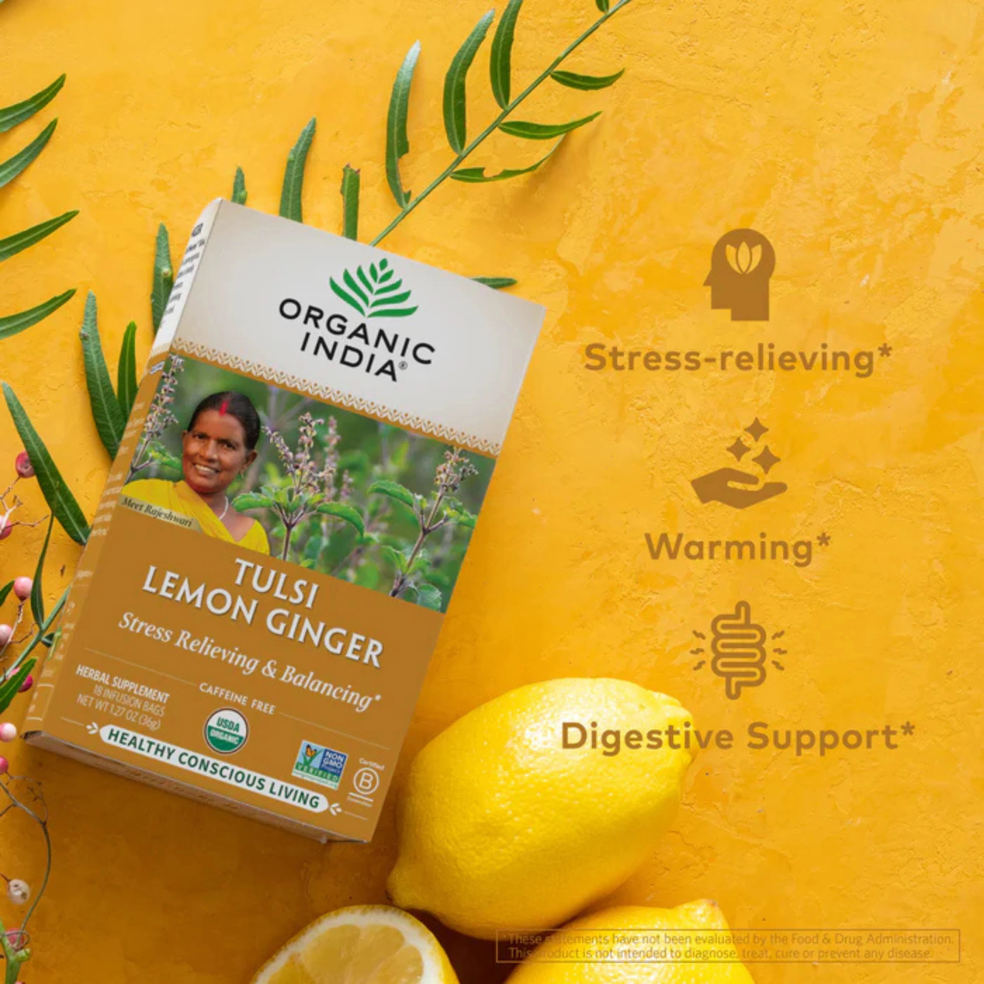 Organic India, Tulsi Tea, Lemon Ginger, Caffeine-Free, 18 Infusion Bags, 1.27 Oz
