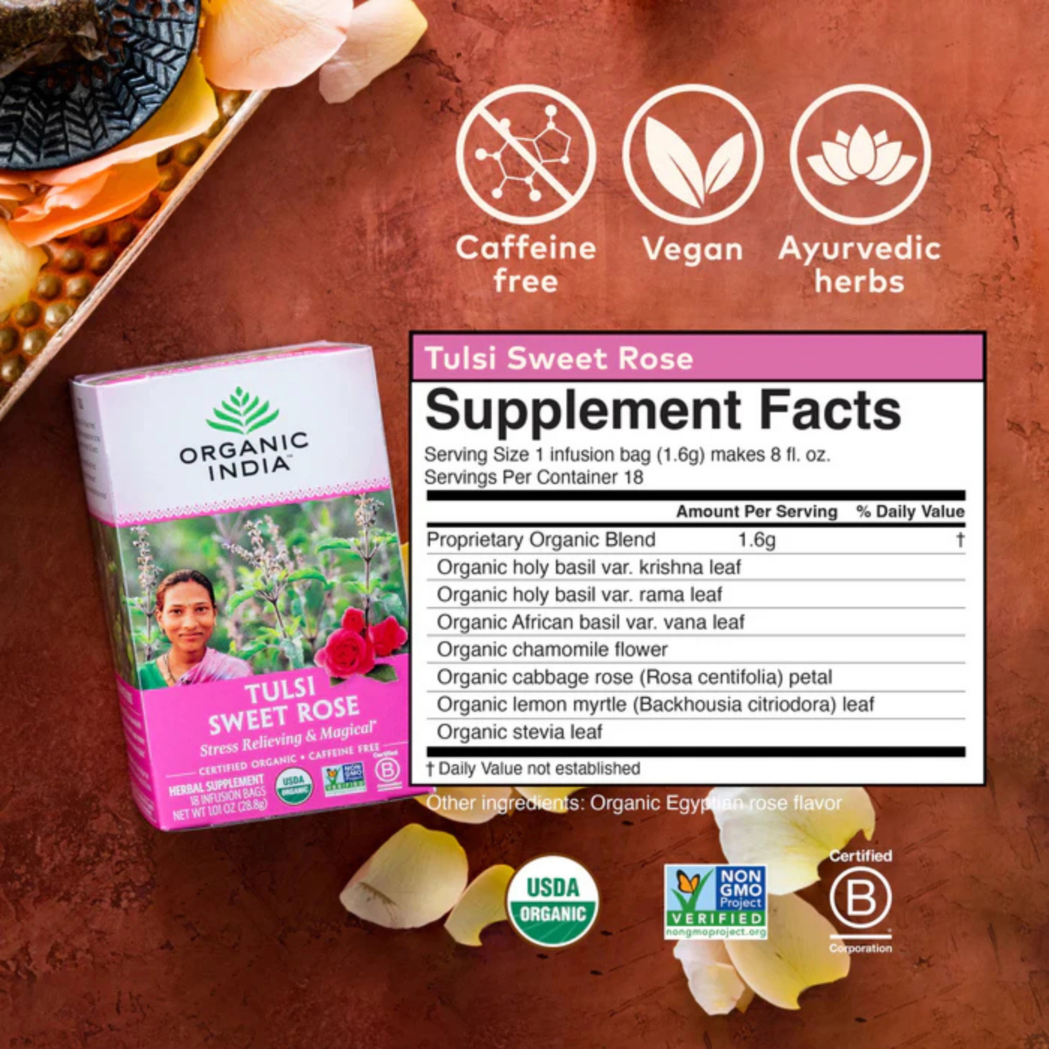Organic India, Tulsi Sweet Rose, Caffeine-Free, 3.5 Oz