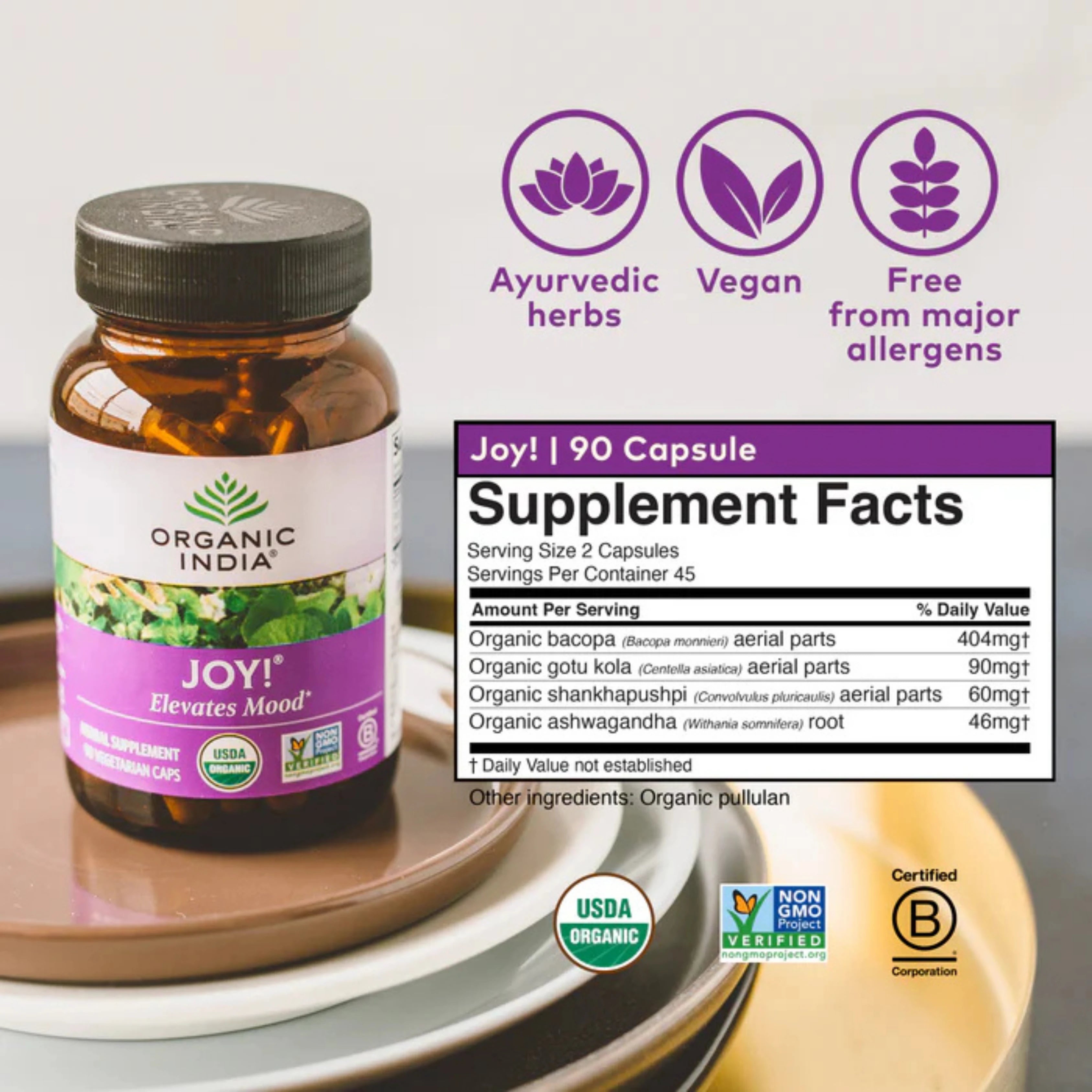Organic India, Joy Elevates Mood, 90 Vegetarian Caps