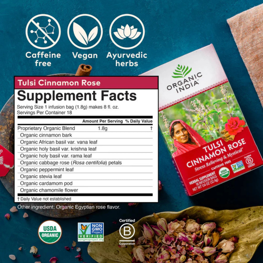 Organic India, Tulsi Tea, Cinnamon Rose, Caffeine-Free, 18 Infusion Bags, 1.14 Oz