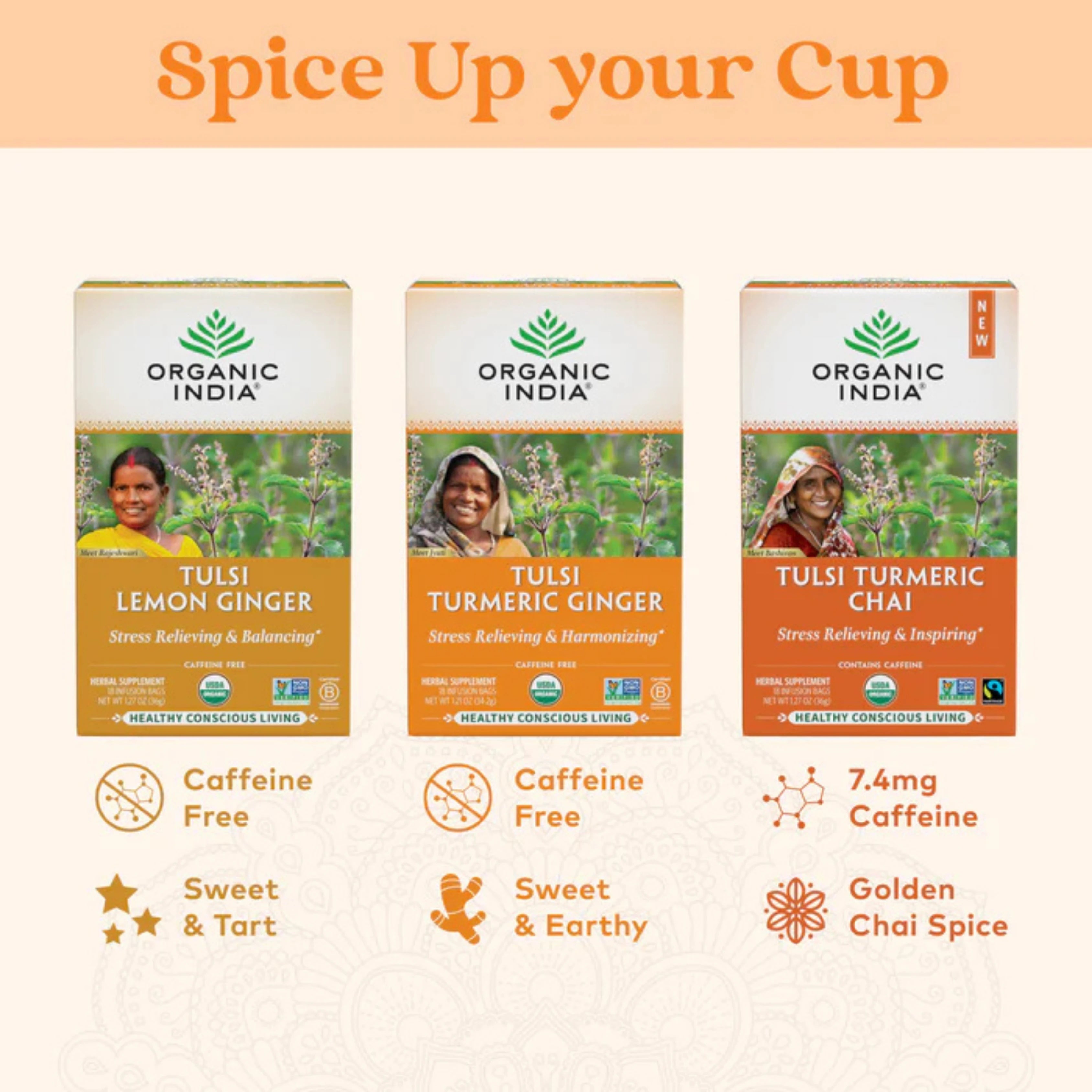 Organic India, Tulsi Tea, Turmeric Ginger, Caffeine-Free, 18 Infusion Bags, 1.2 Oz