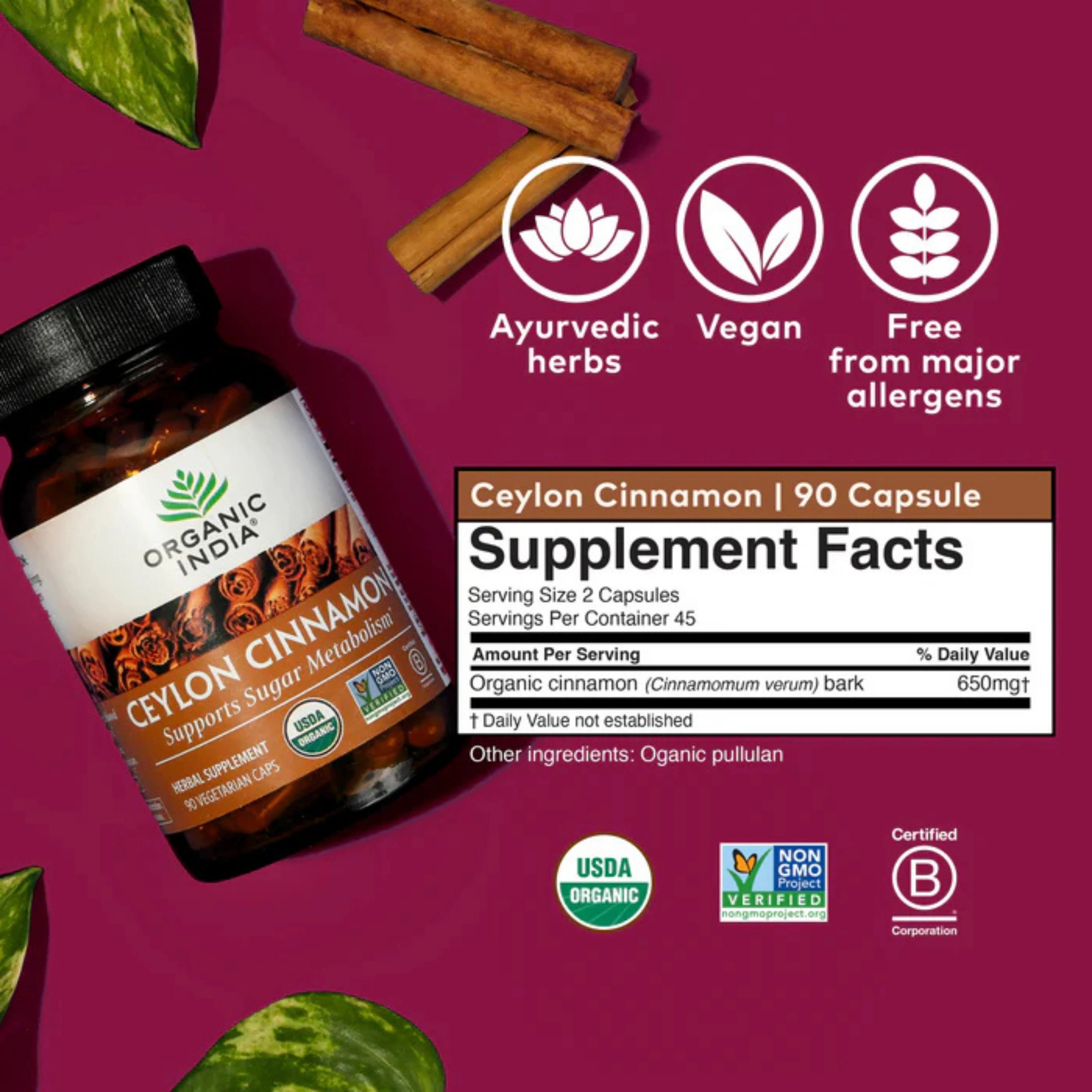Organic India, Ceylon Cinnamon, 650 Mg, 90 Vegetarian Caps