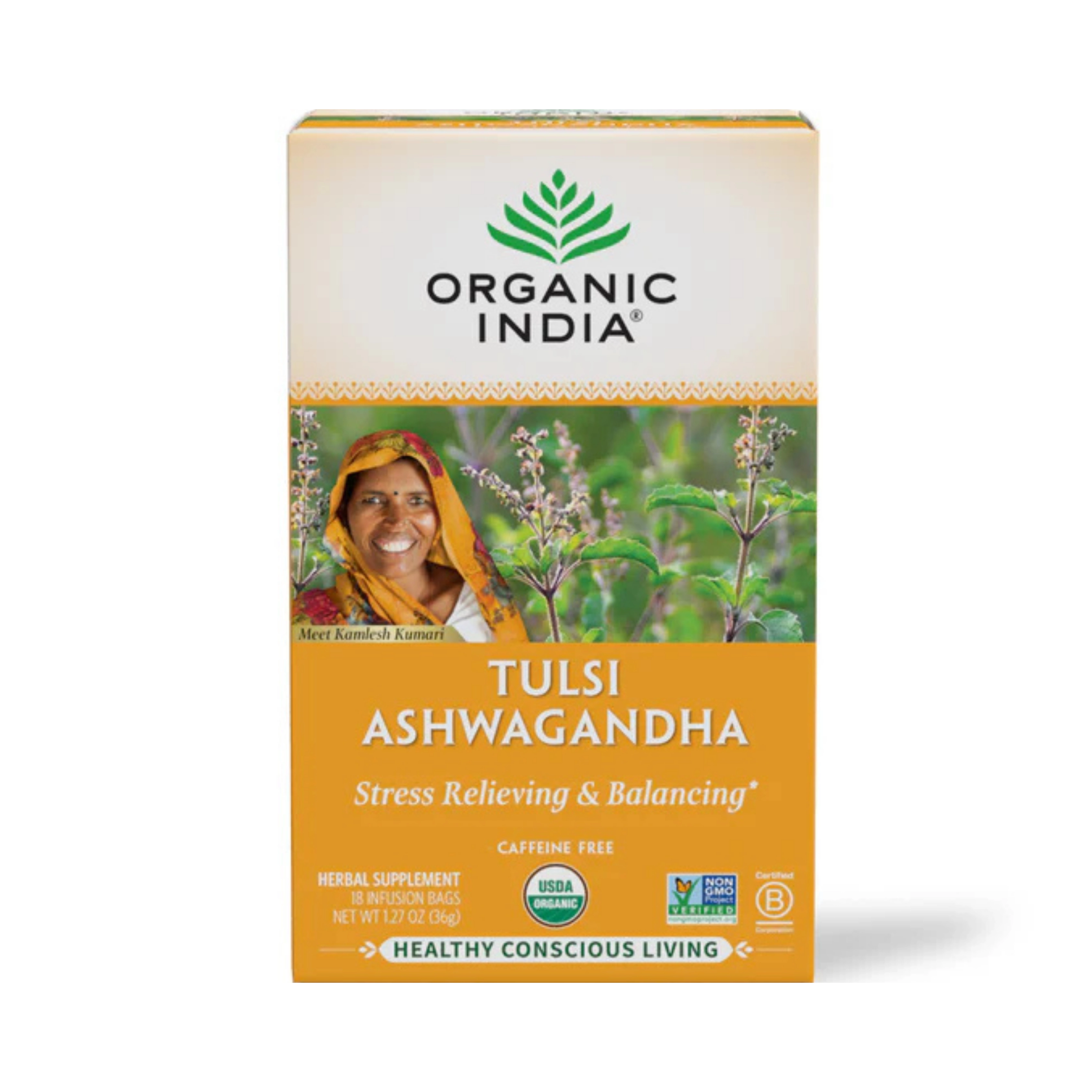 Organic India, Tulsi Tea, Ashwagandha, Caffeine Free, 18 Infusion Bags, 1.27 Oz
