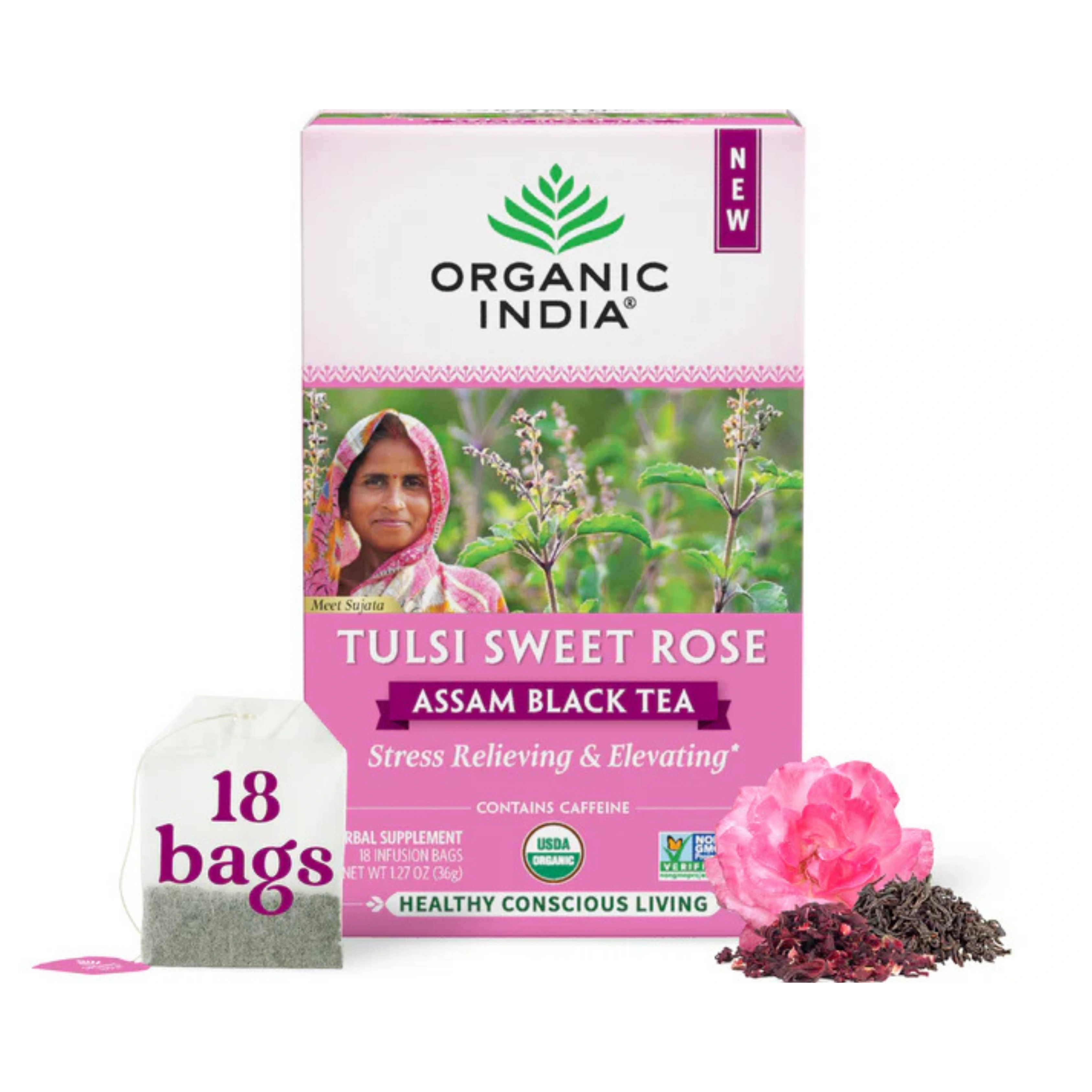 Organic India, Assam Black Tea, Tulsi Sweet Rose, 18 Infusion Bags, 1.27 Oz