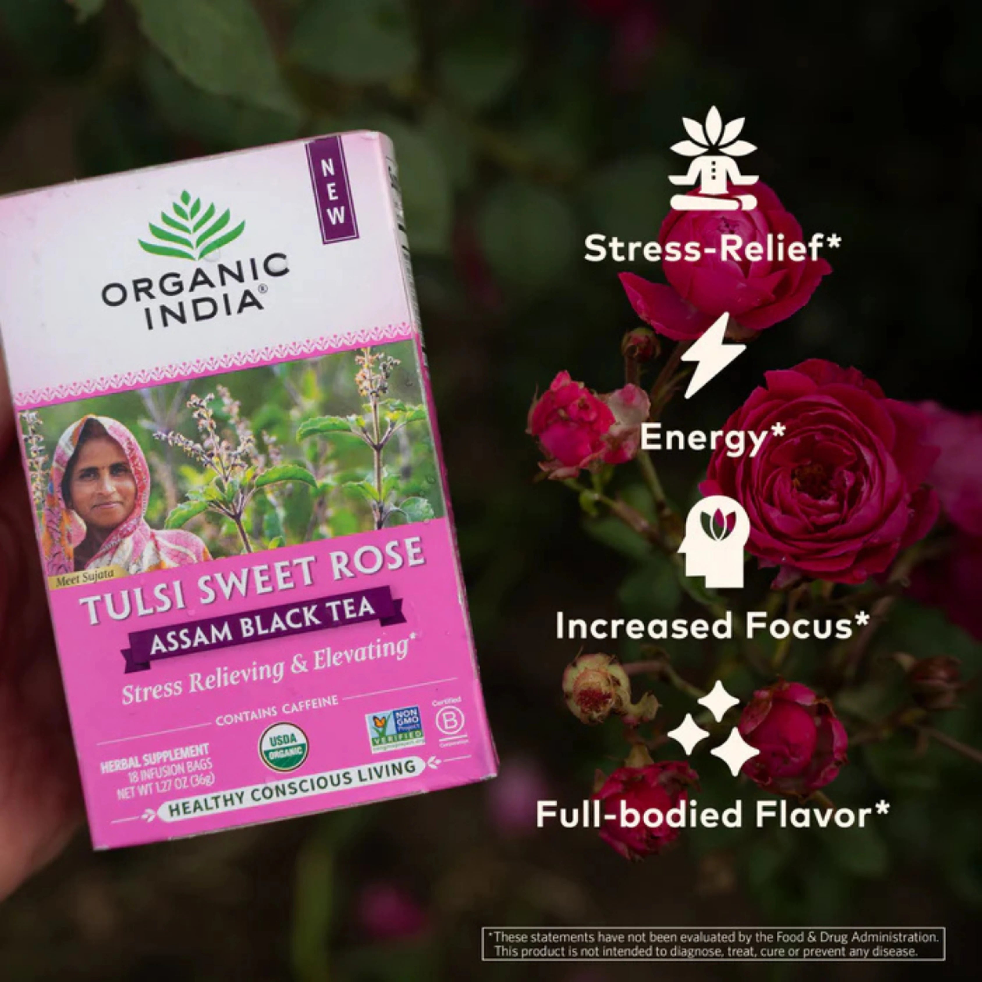 Organic India, Assam Black Tea, Tulsi Sweet Rose, 18 Infusion Bags, 1.27 Oz