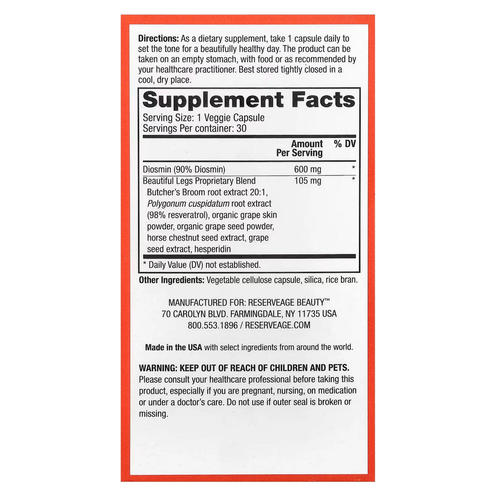 Reserveage Beauty, Beautiful Legs with Diosmin & Butcher's Broom Extract, 30 Veggie Capsules