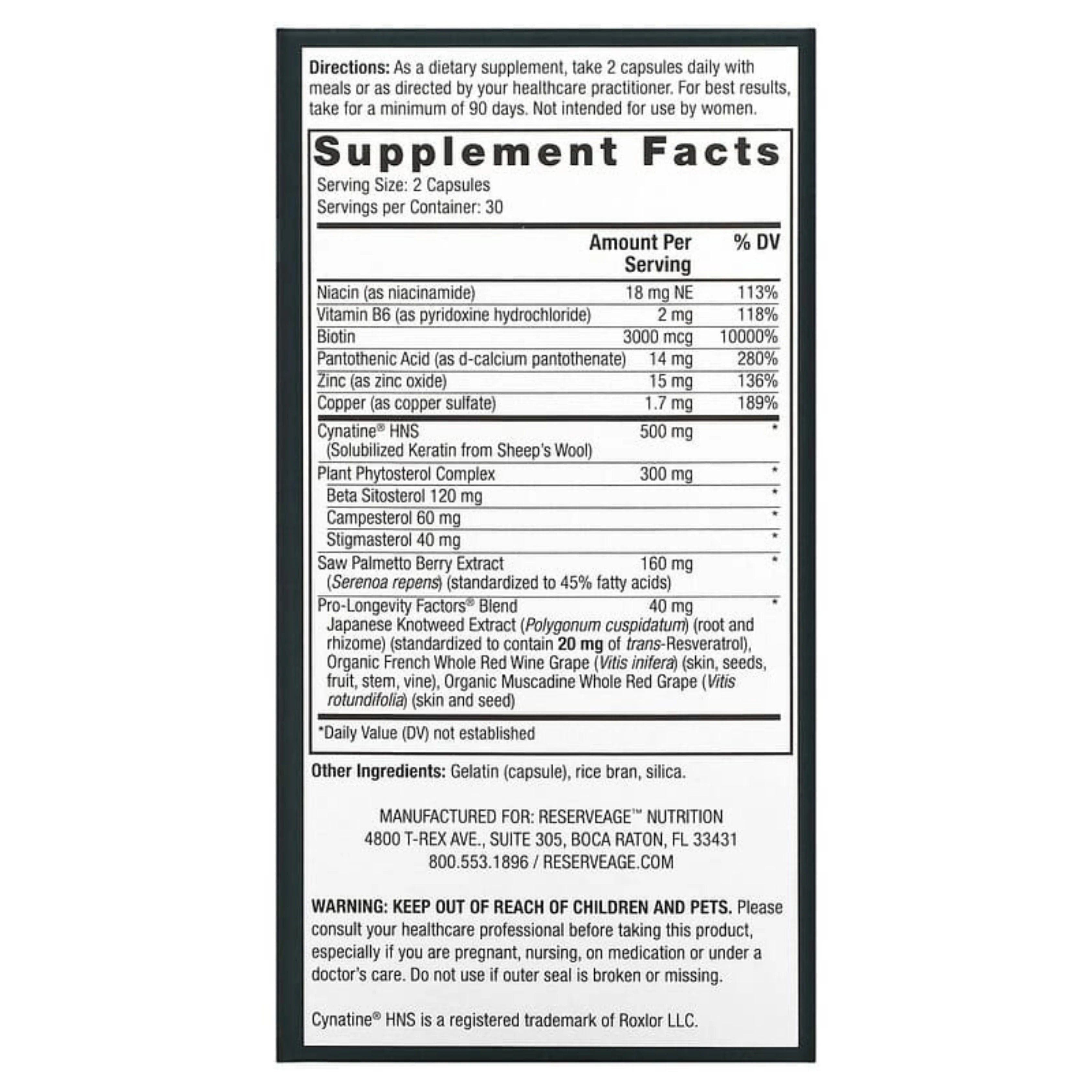 Reserveage Beauty,  Keratin Booster for Men, 60 Capsules