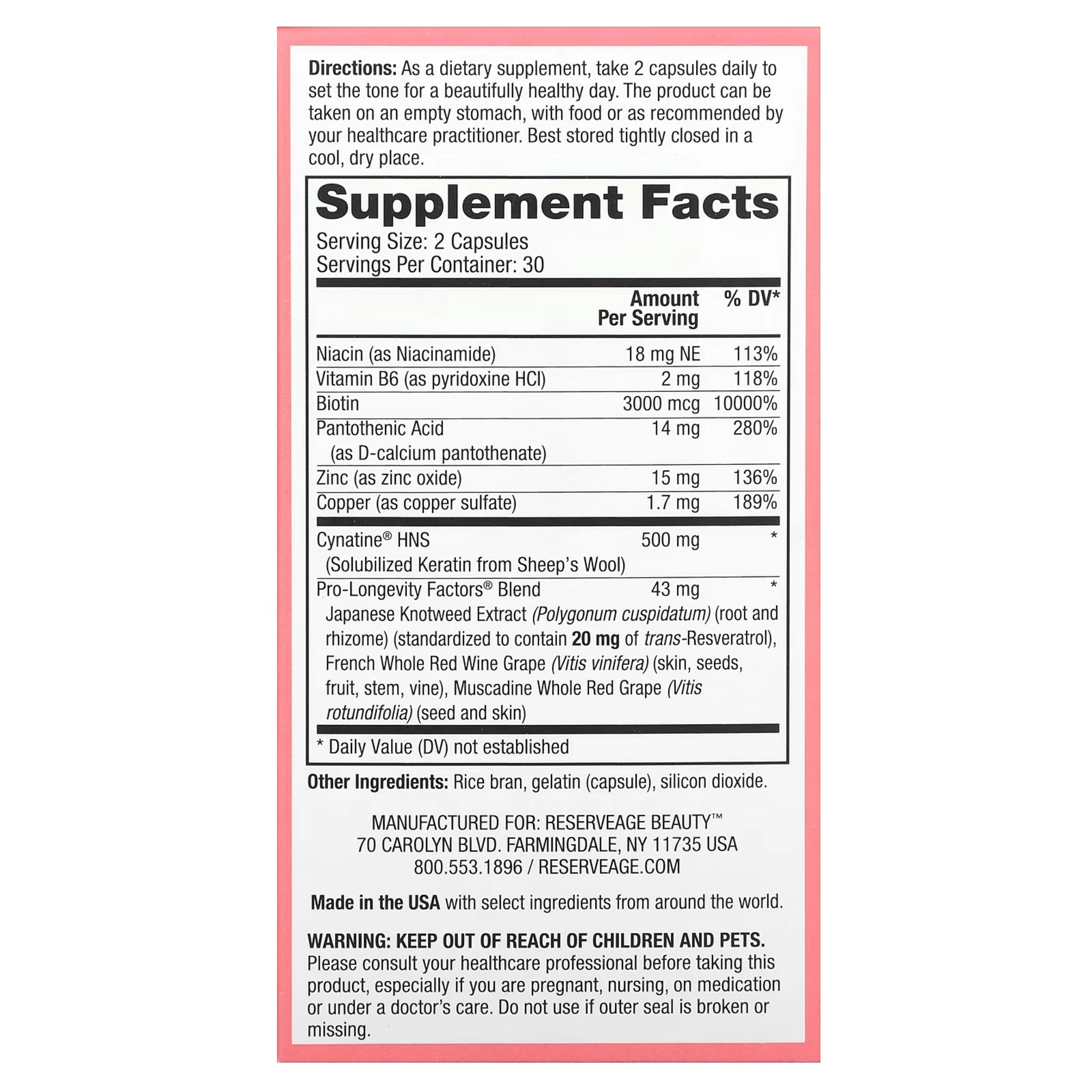Reserveage Beauty, Keratin Hair Booster with Biotin & Resveratrol, 60 Capsules