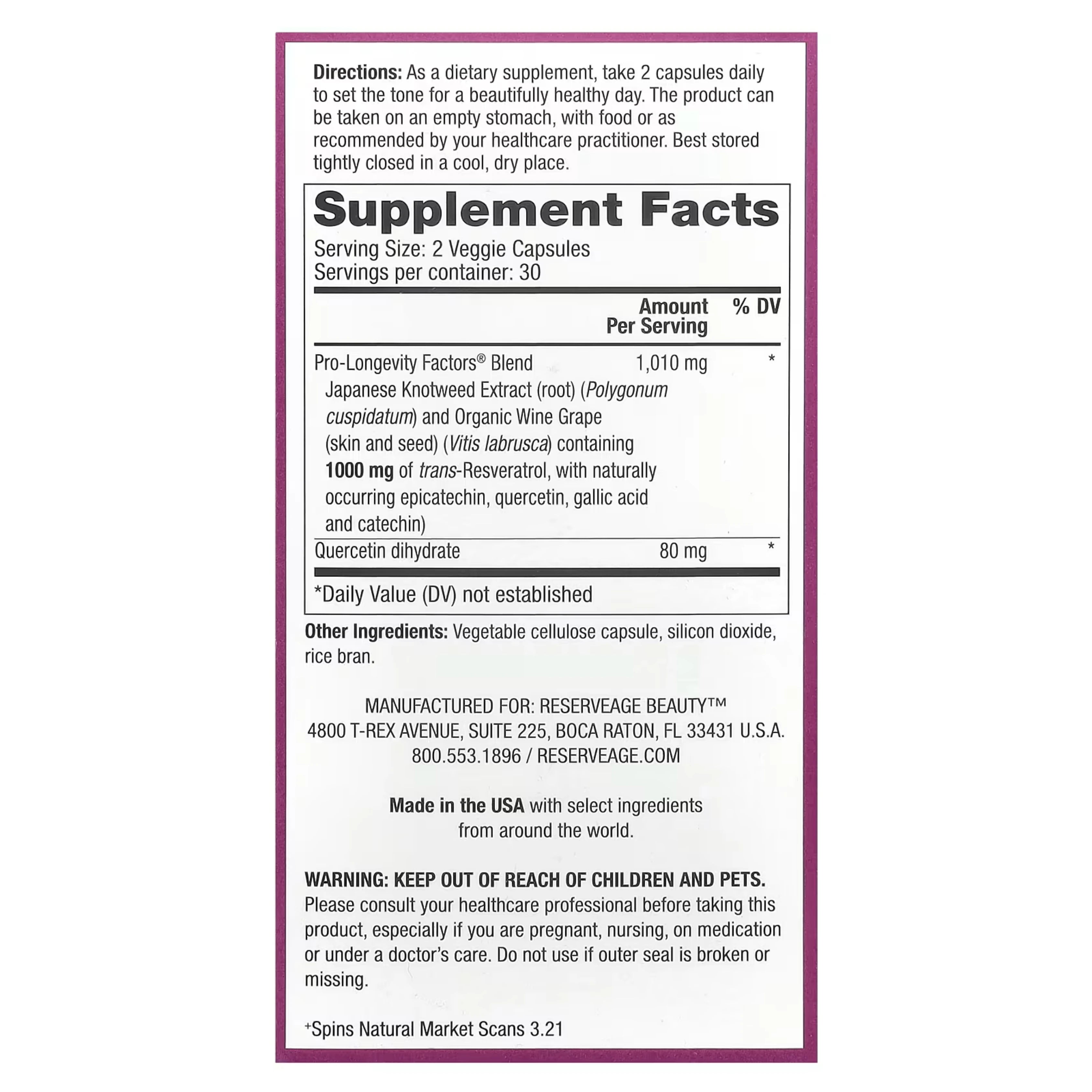 Reserveage Beauty, Resveratrol, 1000 mg, 60 Veggie Capsules