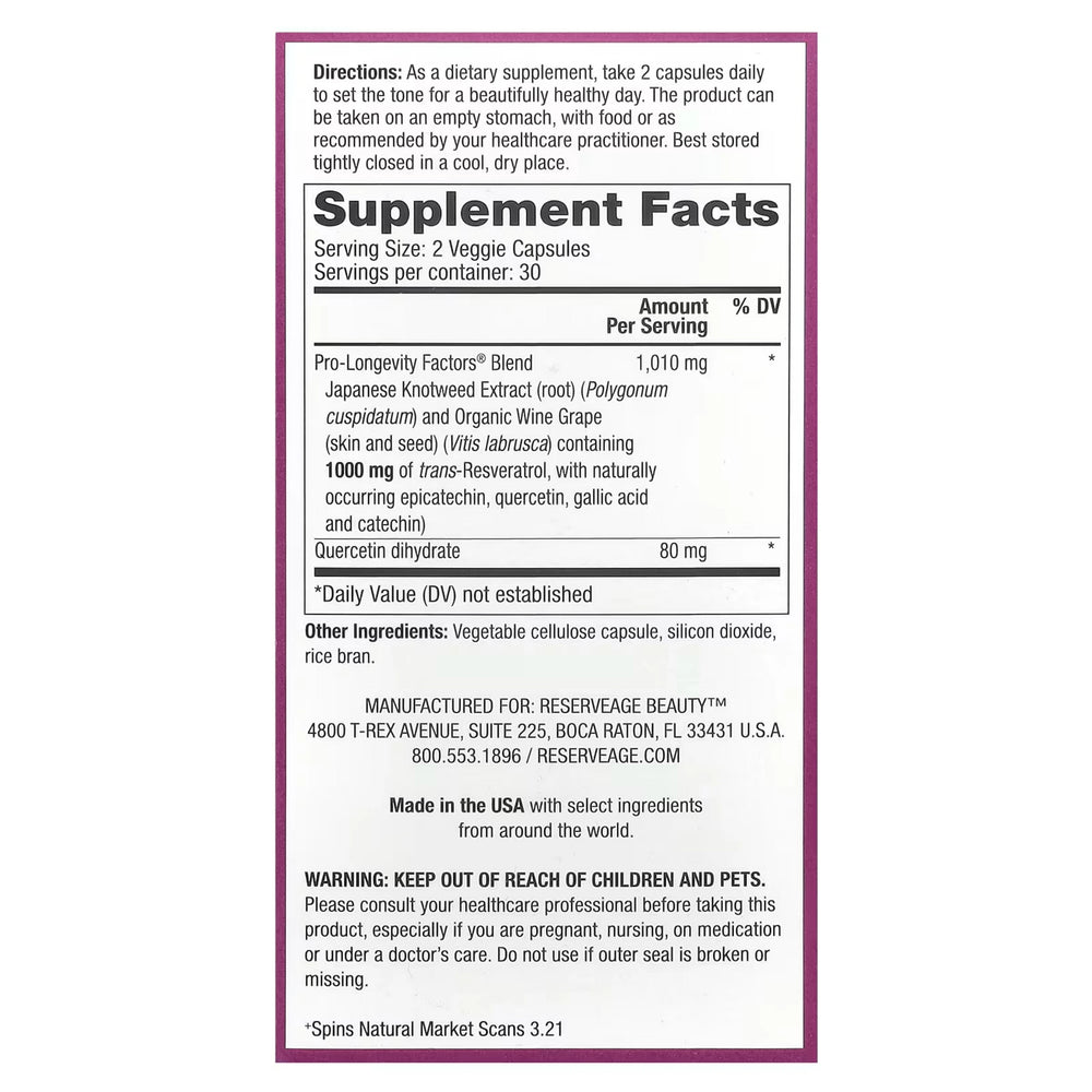 Reserveage Beauty, Resveratrol, 1000 mg, 60 Veggie Capsules
