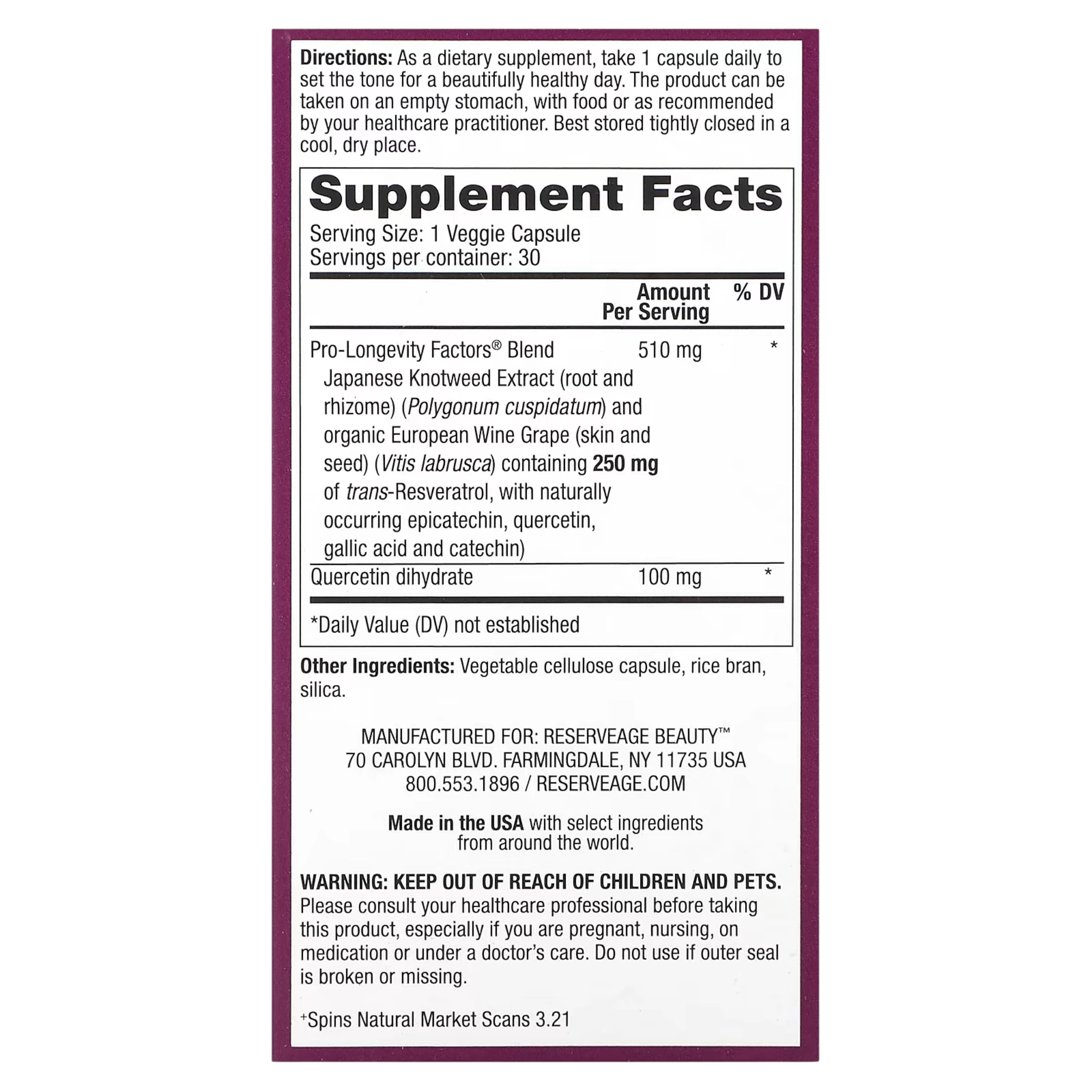 Reserveage Beauty, Resveratrol, 250 mg, 30 Veggie Capsules
