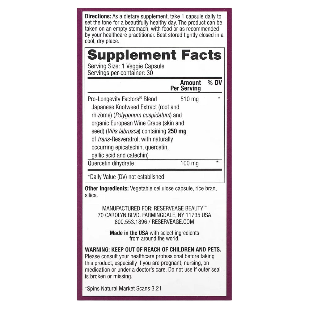 Reserveage Beauty, Resveratrol, 250 mg, 30 Veggie Capsules