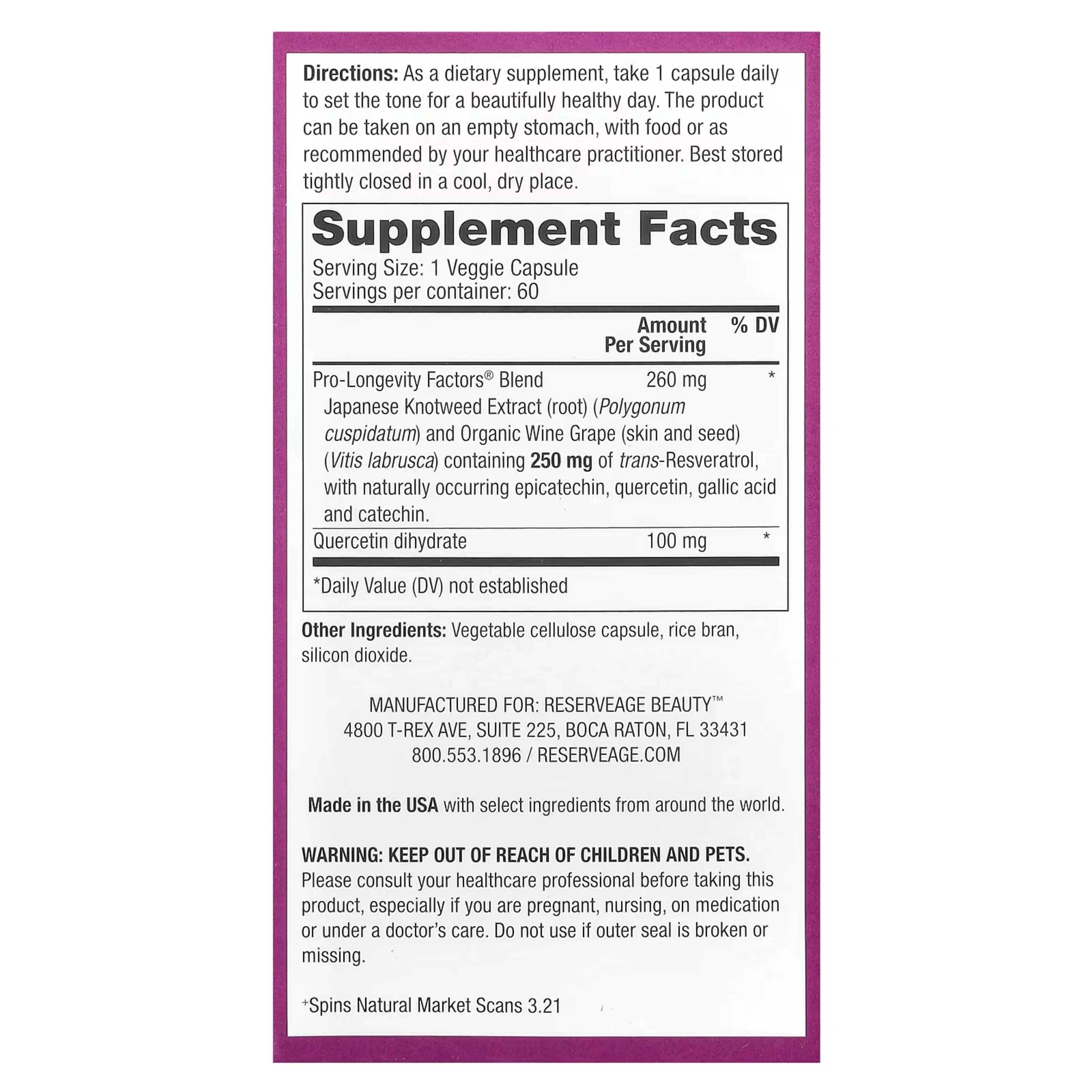 Reserveage Beauty, Resveratrol, 250 mg,  60 Veggie Capsules