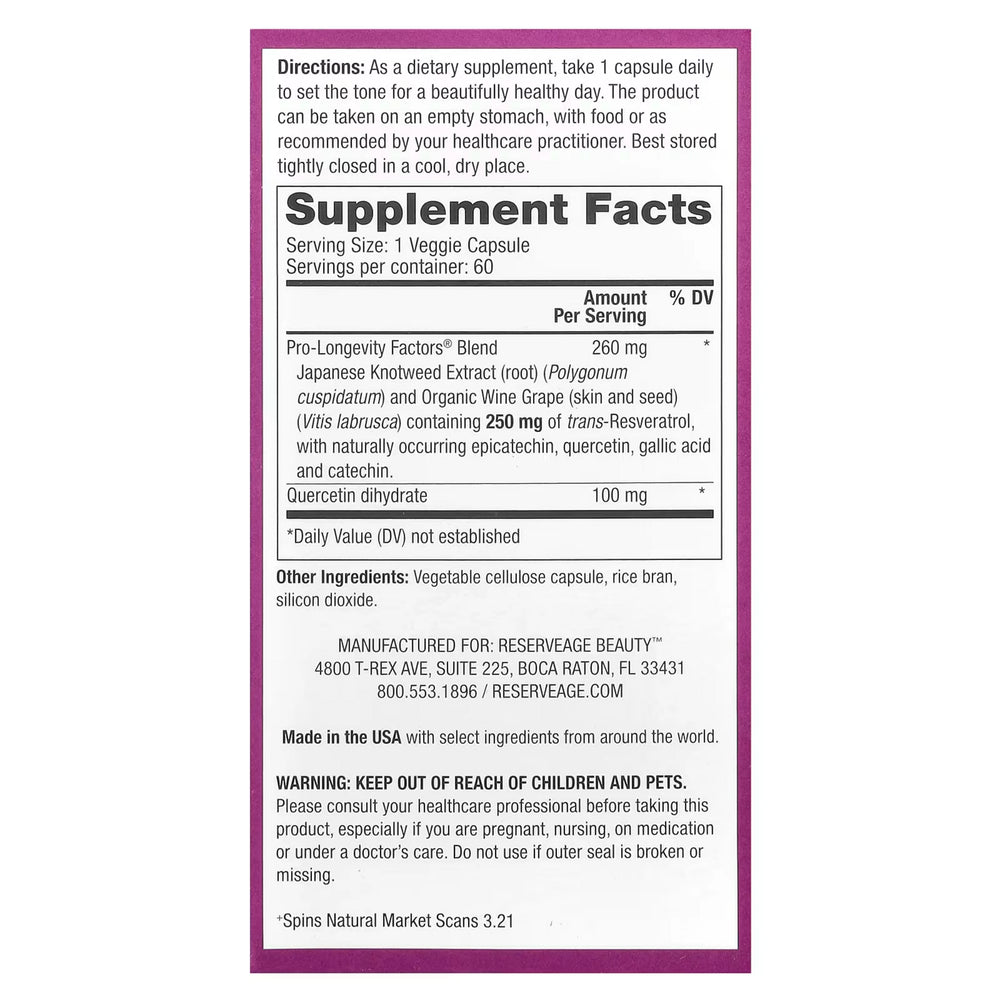 Reserveage Beauty, Resveratrol, 250 mg,  60 Veggie Capsules