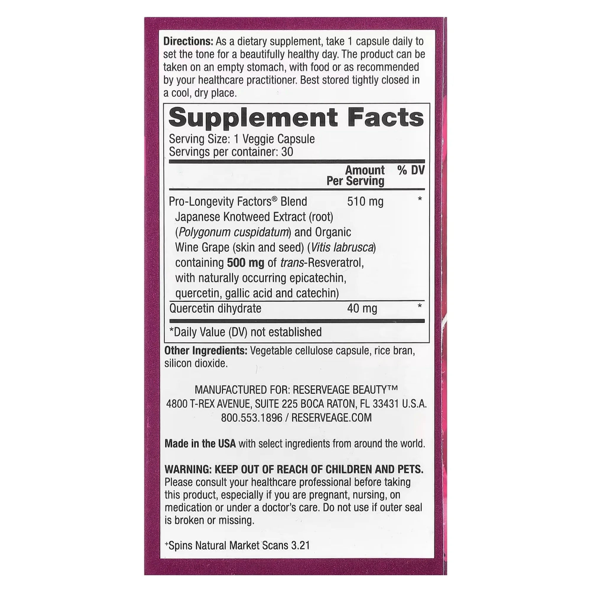 Reserveage Beauty, Resveratrol, Trans-Resveratrol, 500 mg, 30 Veggie Capsules