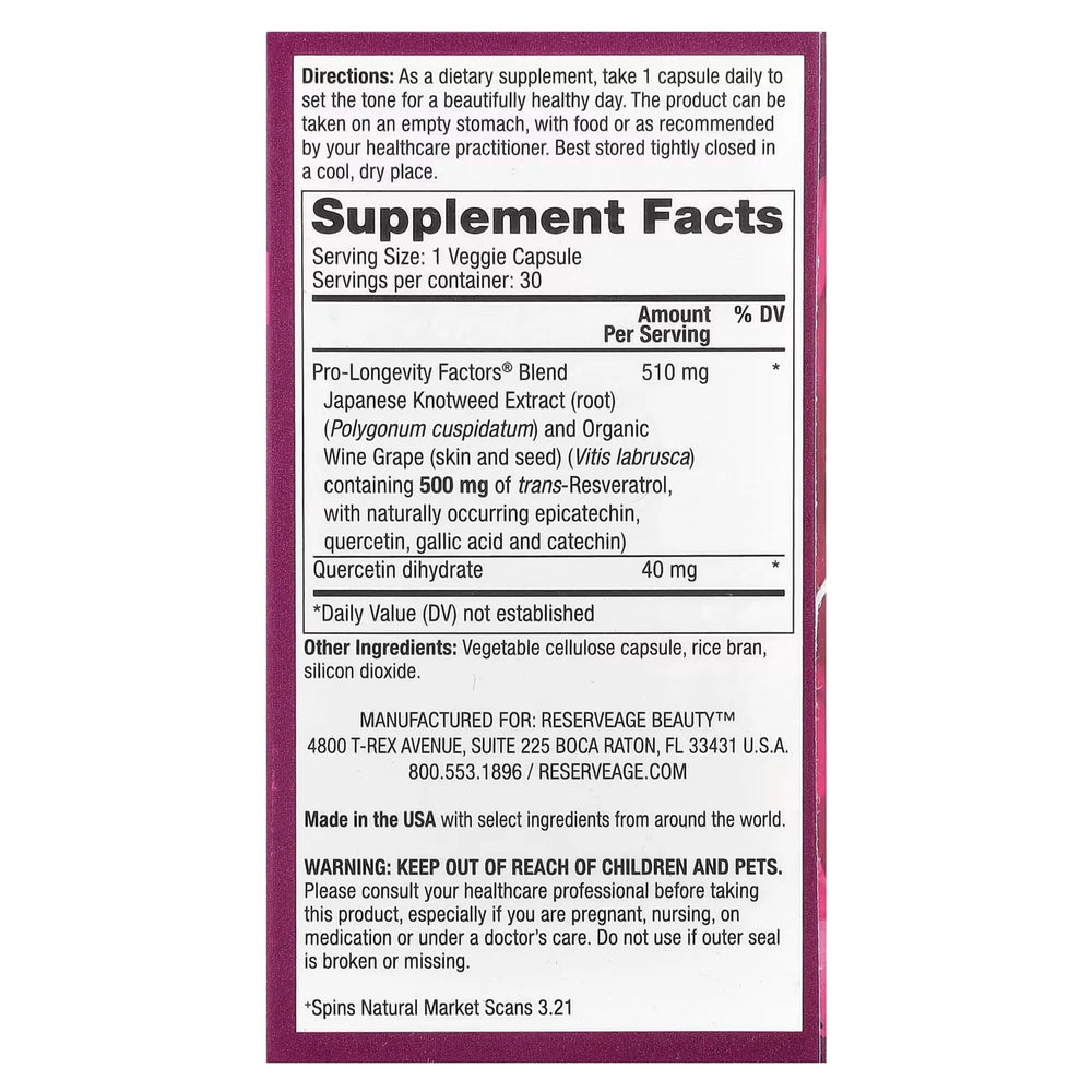 Reserveage Beauty, Resveratrol, Trans-Resveratrol, 500 mg, 30 Veggie Capsules