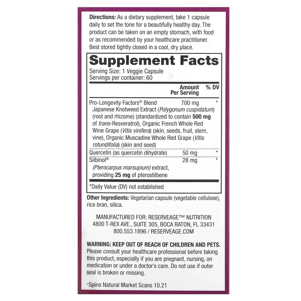 Reserveage Beauty, Resveratrol with Pterostilbene , 500 mg, 60 Veggie Capsules