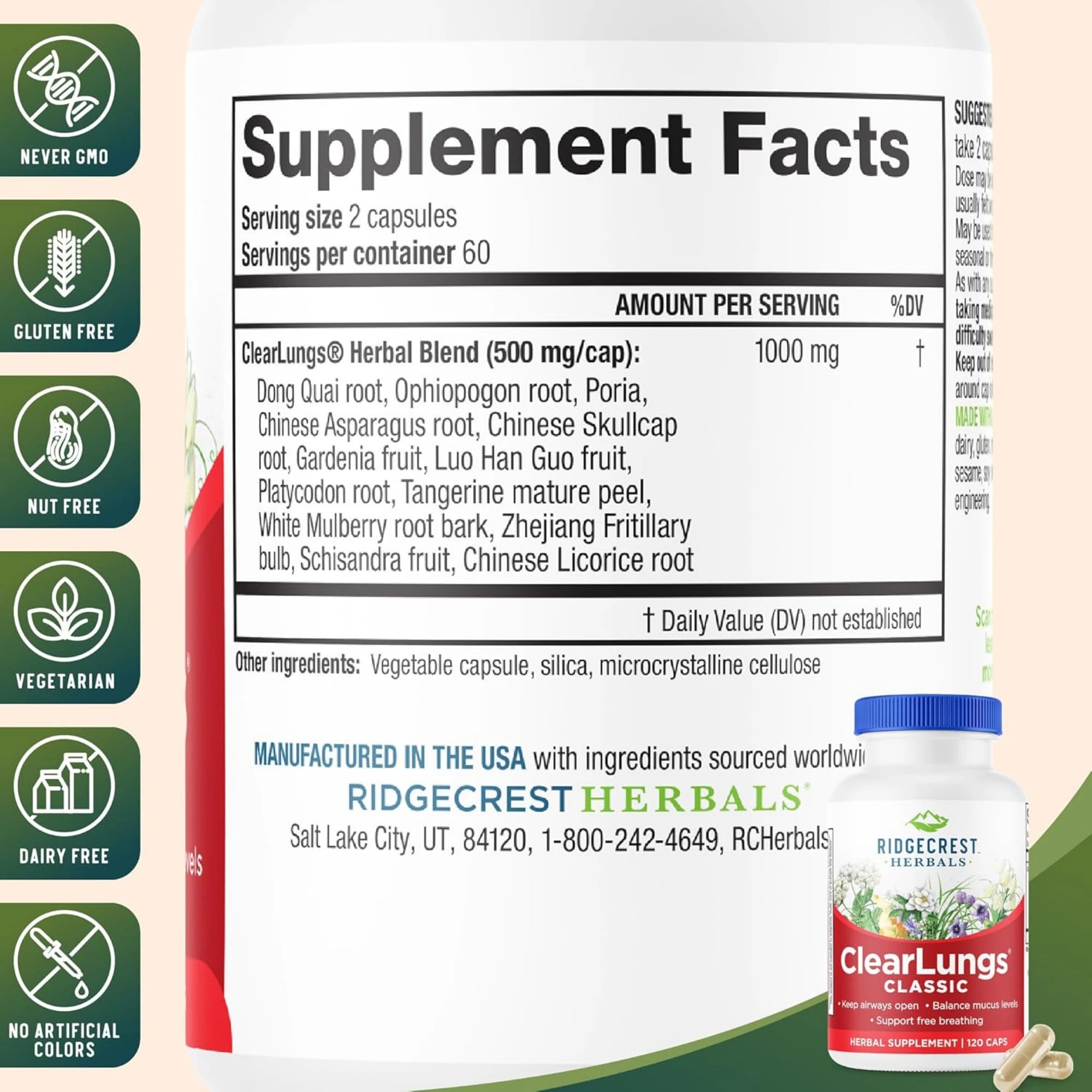 Ridgecrest Herbals, ClearLungs Classic, 120 Capsules