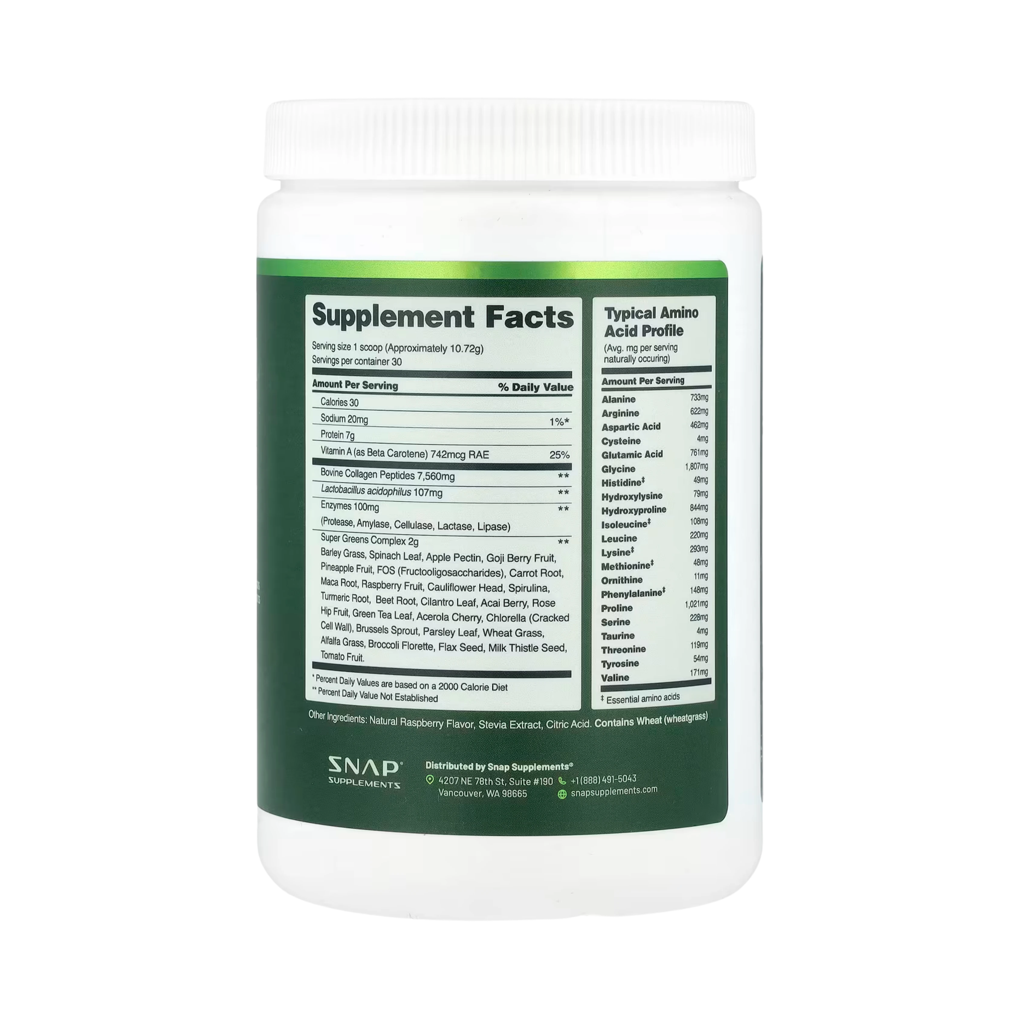 Snap Supplements, Collagen & Greens, Raspberry, 11.34 Oz