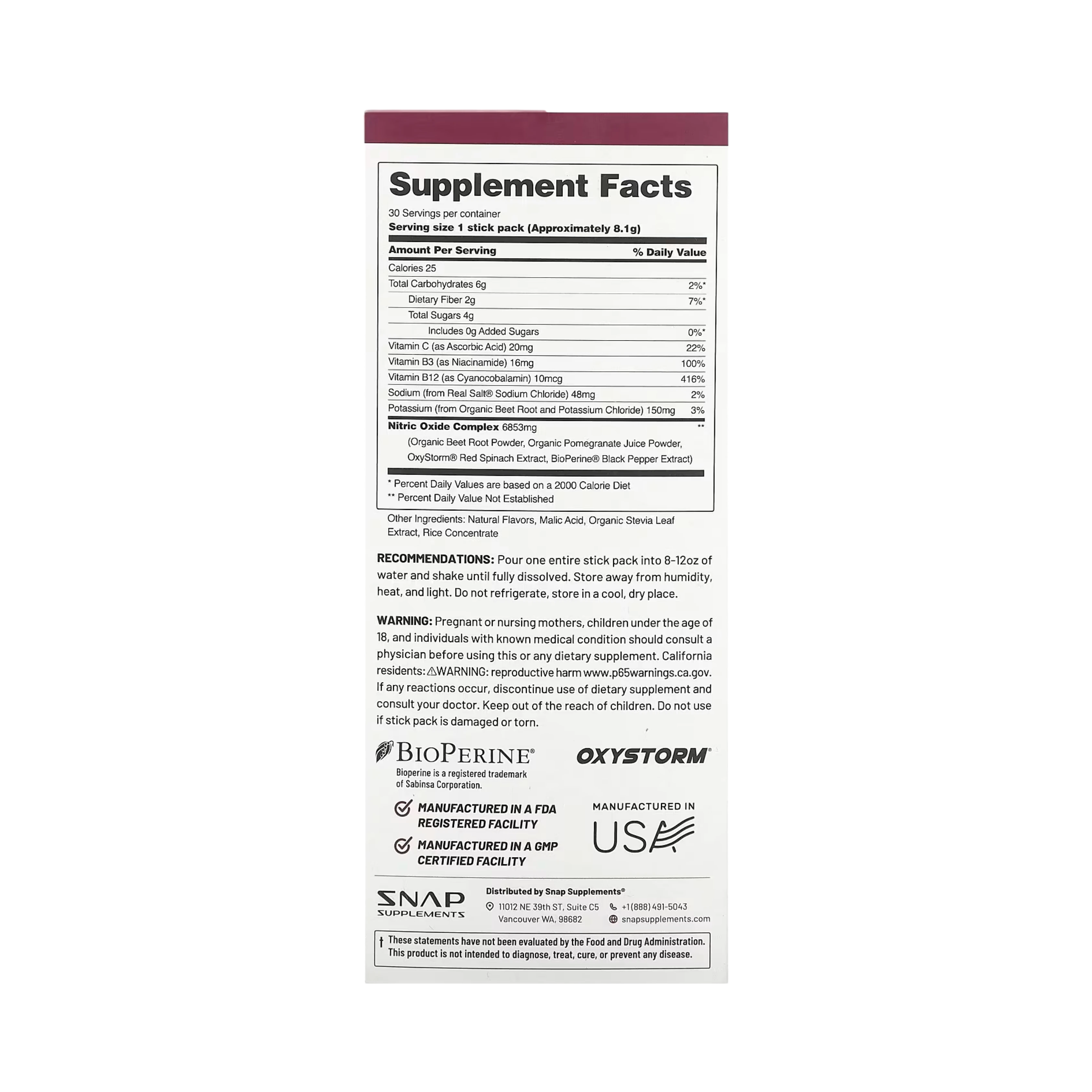 Snap Supplements, Nitric Oxide, Organic Beets, Original Berry, 10 Stick Packs, 0.29 Oz
