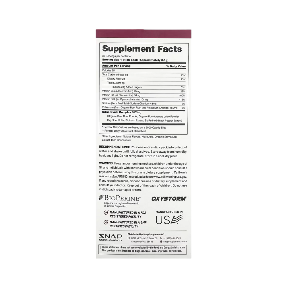Snap Supplements, Nitric Oxide, Organic Beets, Original Berry, 10 Stick Packs, 0.29 Oz