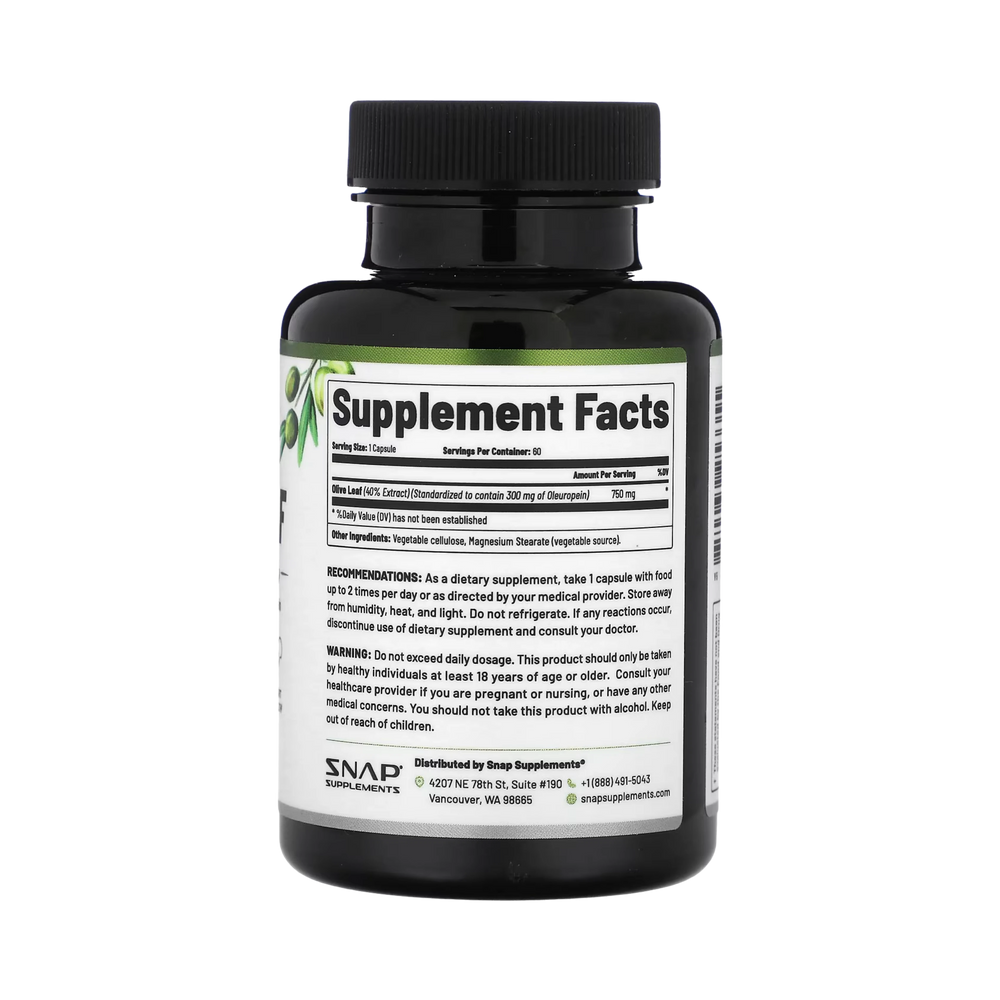 Snap Supplements, Olive Leaf, Maximum Strength, 750 Mg, 60 Capsules