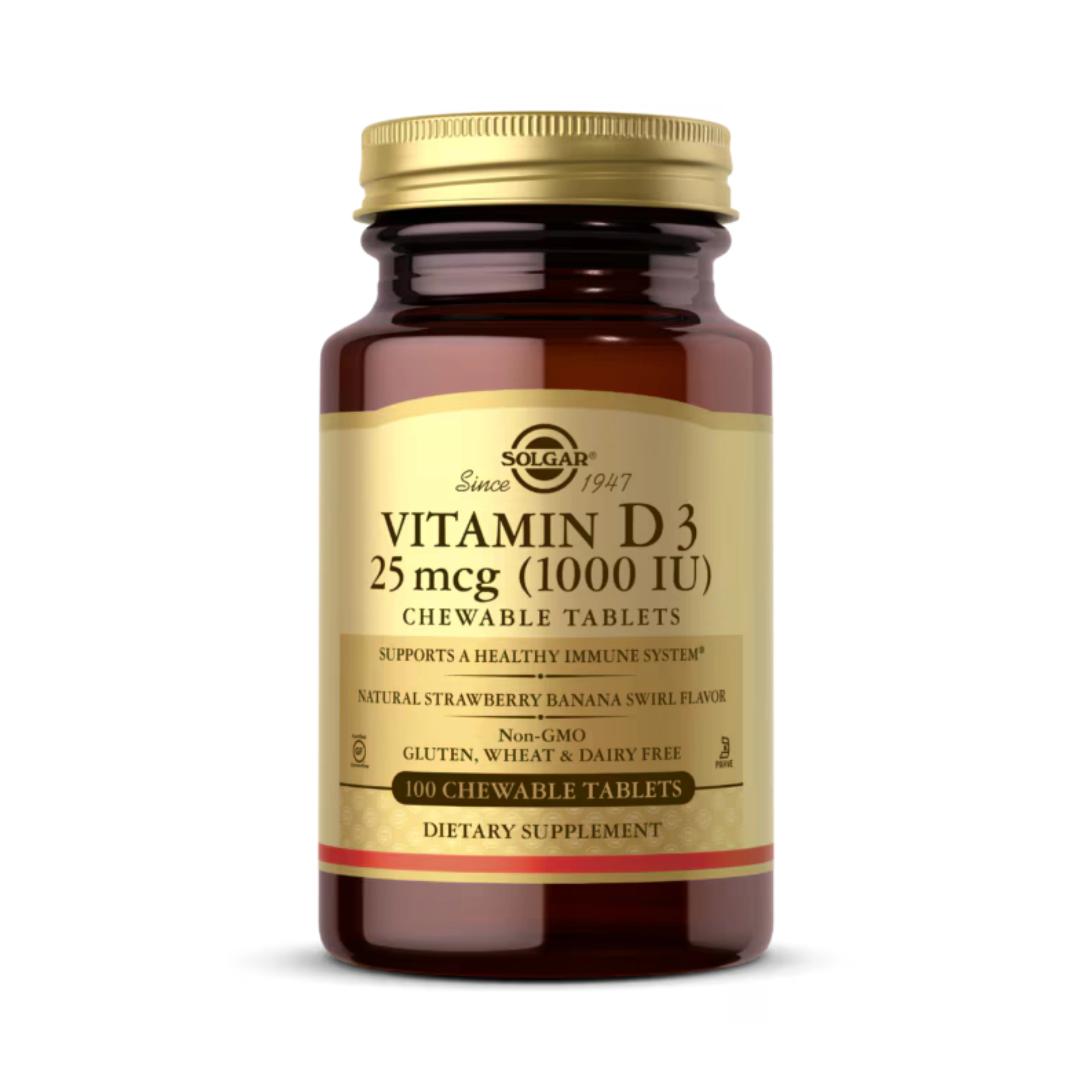 Solgar, Vitamin D3, Natural Strawberry Banana Swirl, 25 Mcg (1,000 IU), 100 Chewable Tablets