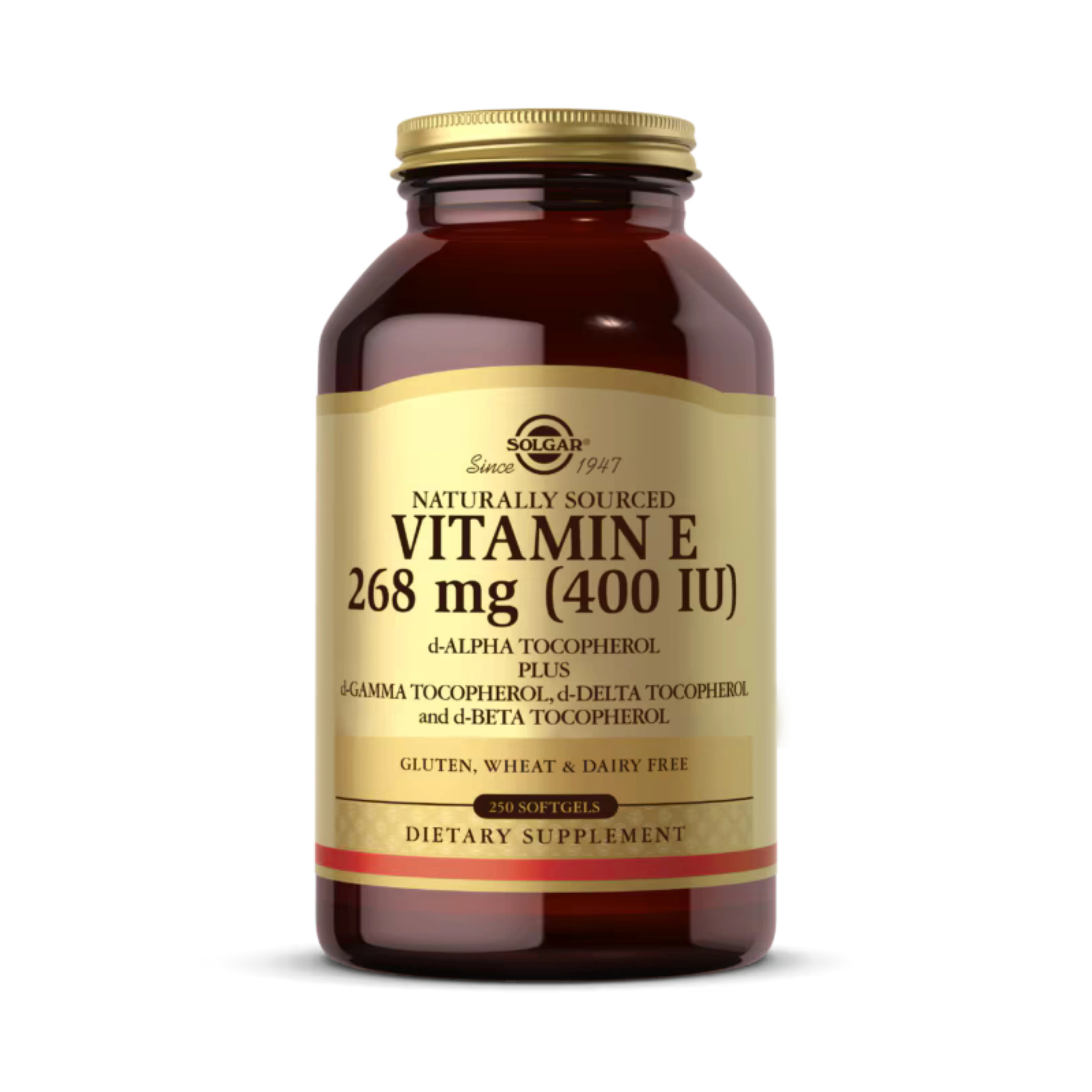 Solgar, Vitamin E, d-Alpha Tocopherol Plus d-Gamma Tocopherol, d-Delta Tocopherol and d-Beta Tocopherol, 268 Mg (400 IU), 250 Softgels