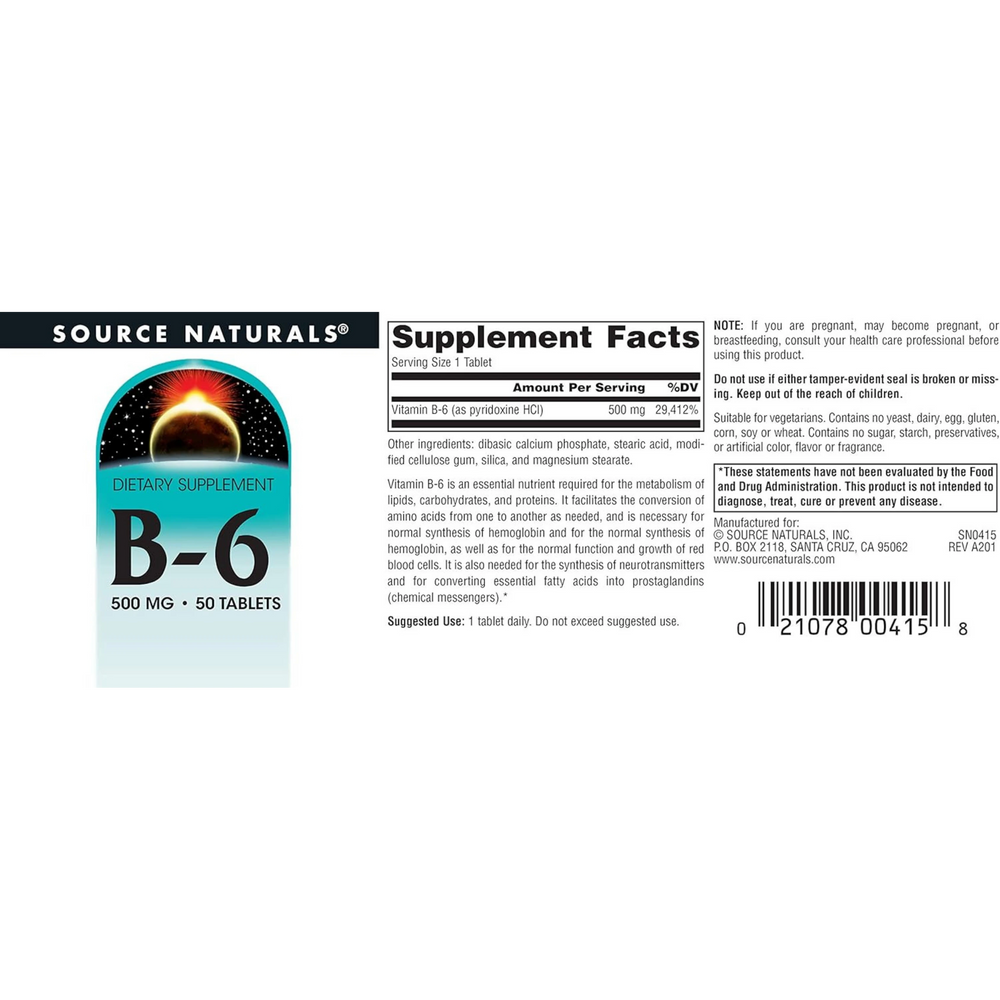Source Naturals, B-6, 500 Mg, 50 Tablets