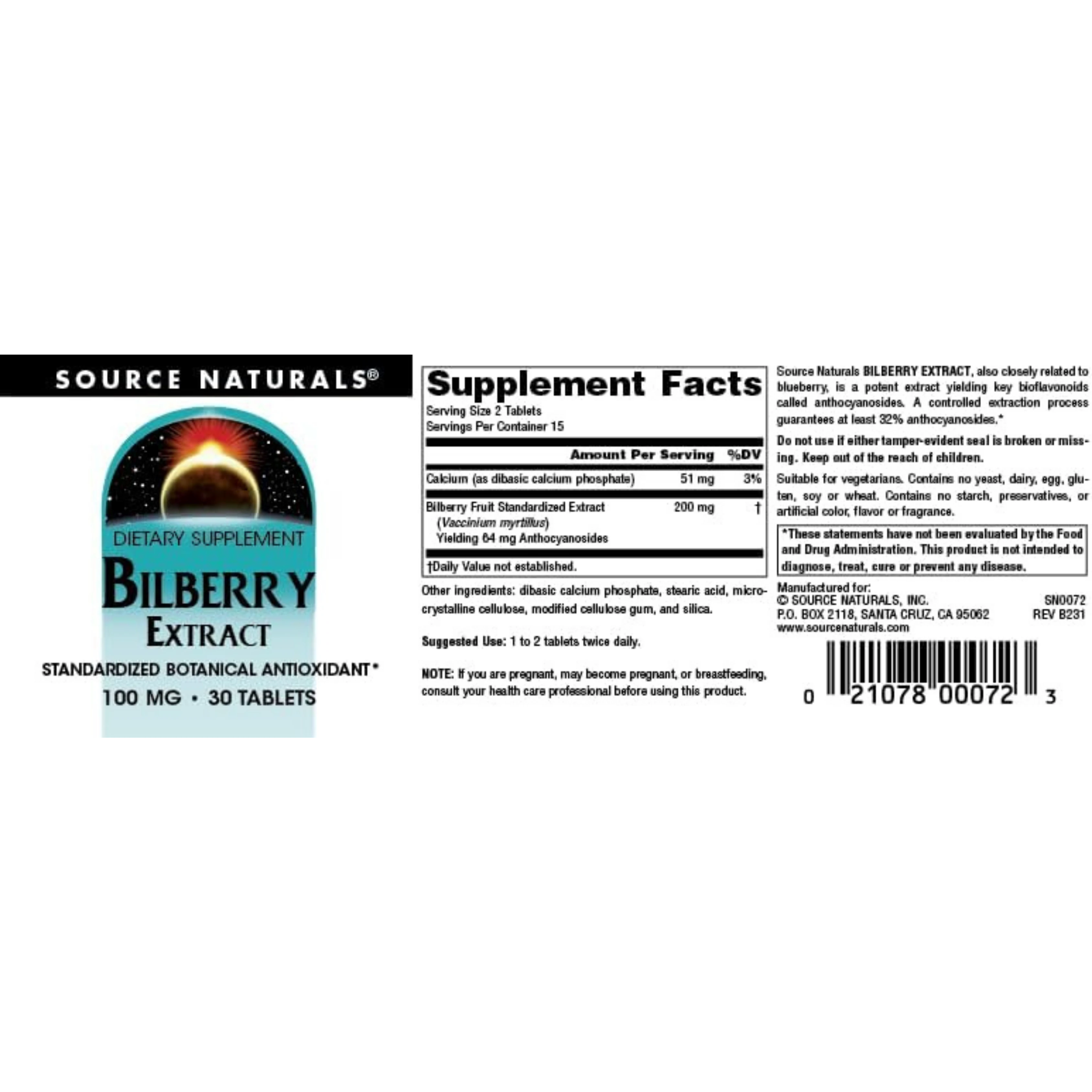 Source Naturals, Bilberry Extract, 100 Mg, 30 Tablets