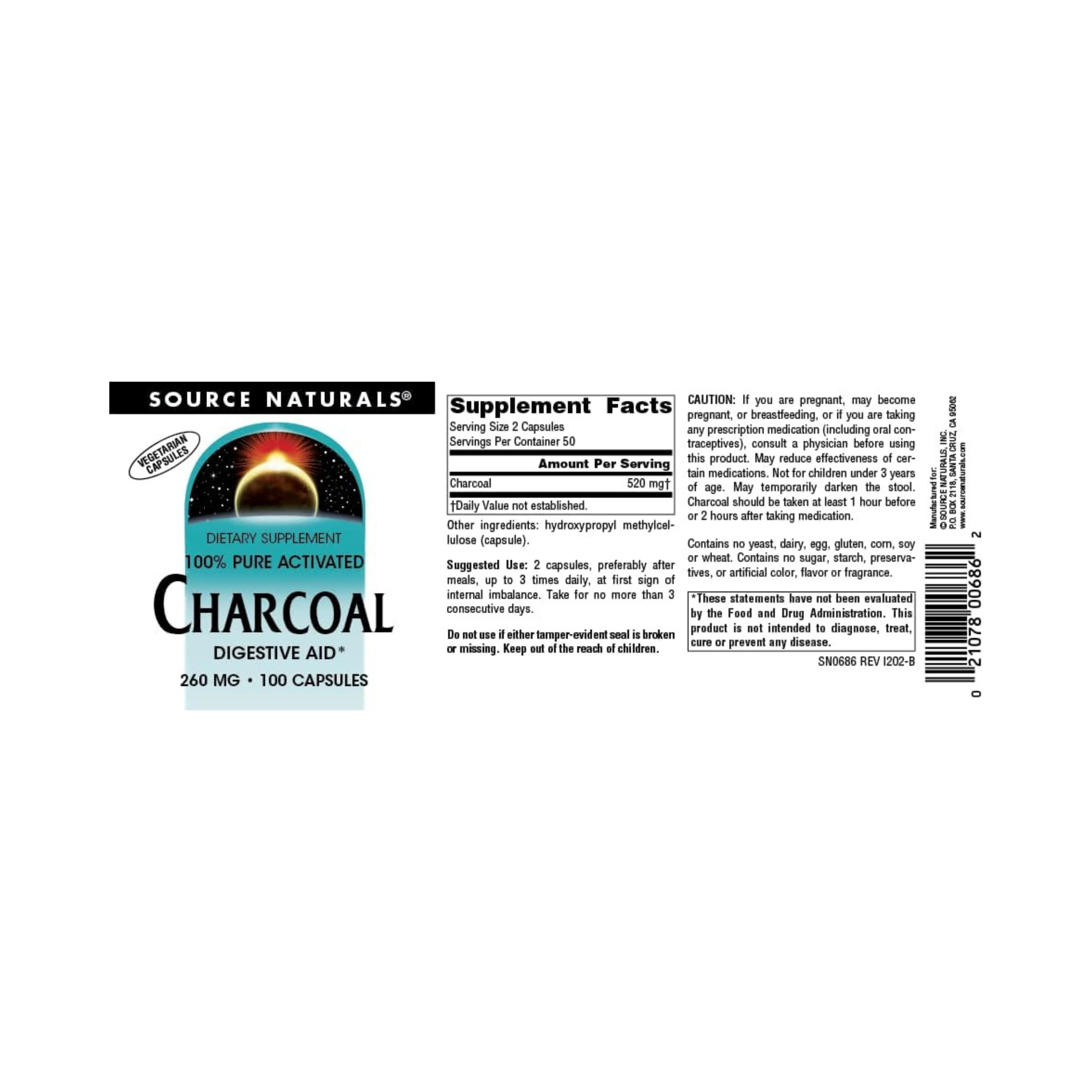 Source Naturals, Charcoal, 260 Mg, 100 Capsules