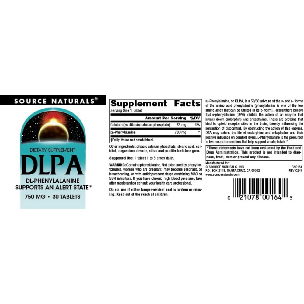Source Naturals, DLPA, 750 Mg, 30 Tablets