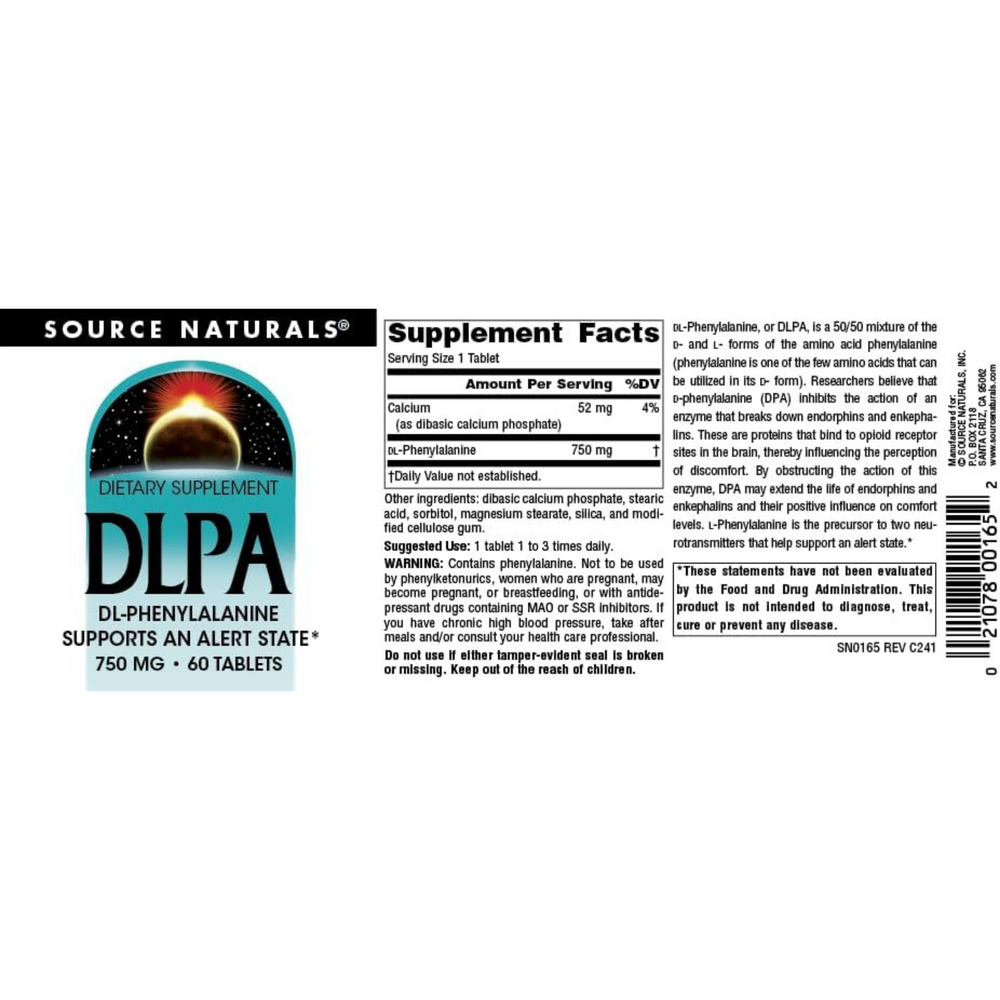 Source Naturals, DLPA, 750 Mg, 60 Tablets