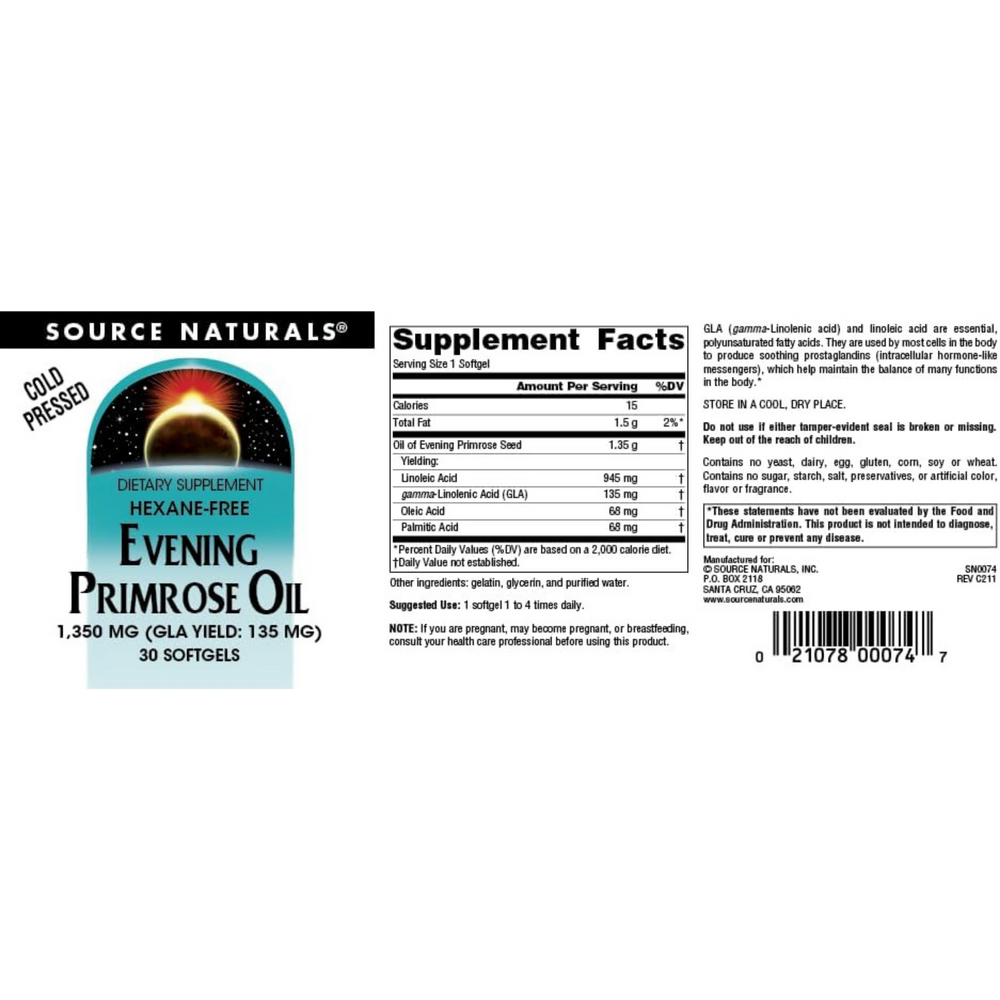 Source Naturals, Evening Primrose Oil, Hexane-Free, 1350 Mg, 30 Softgels