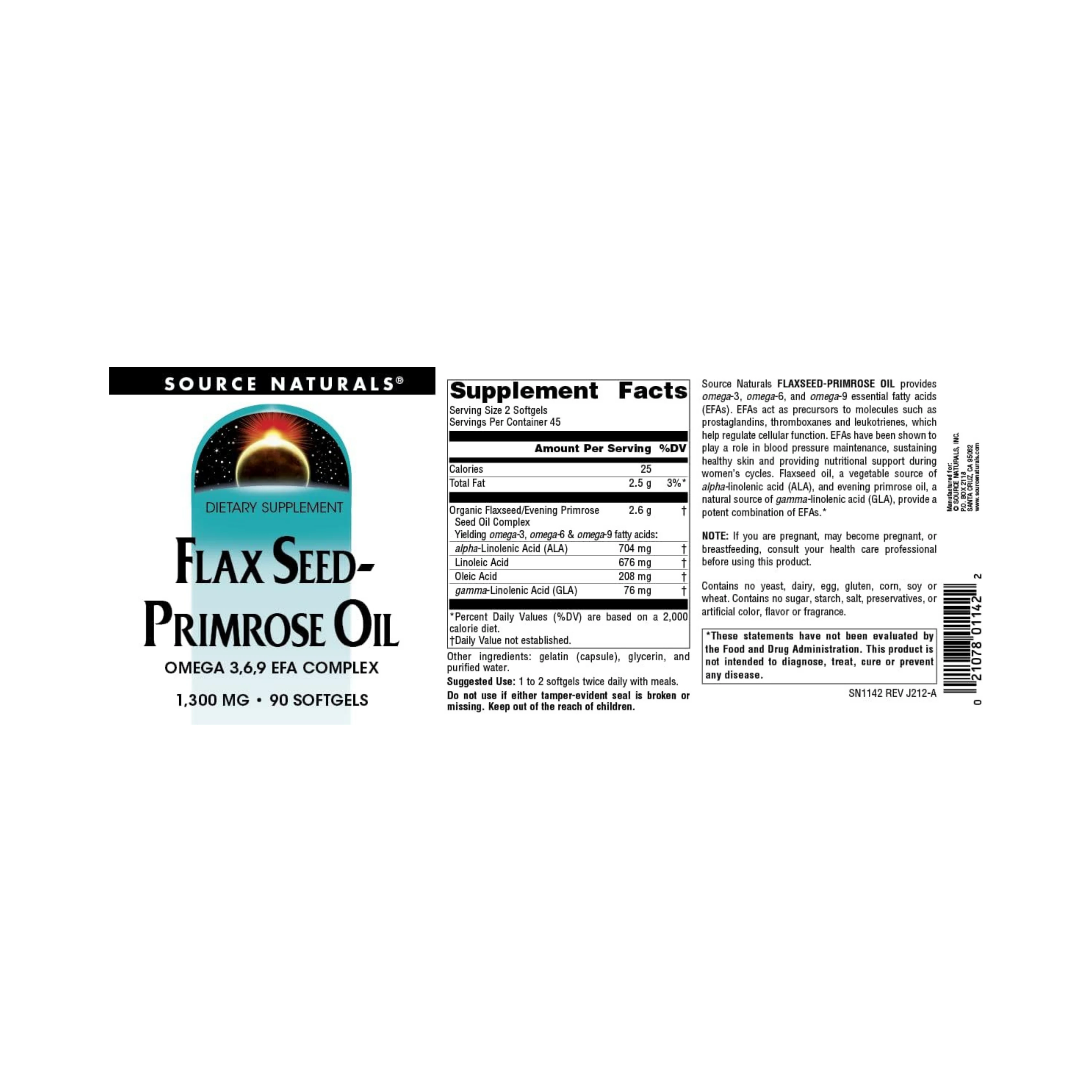 Source Naturals, Flax Seed-Primrose Oil, 1300 Mg, 90 Softgels