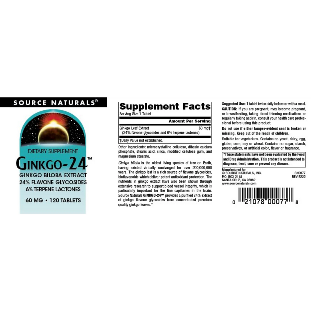 Source Naturals, Ginkgo-24, 60 Mg, 120 Tablets