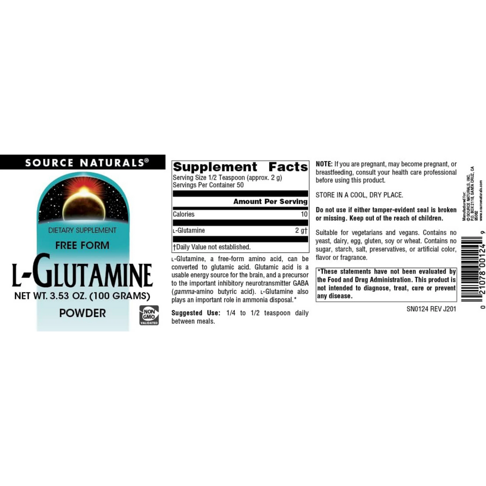 Source Naturals L-Glutamine, Free Form Amino Acid, 100 Grams Powder