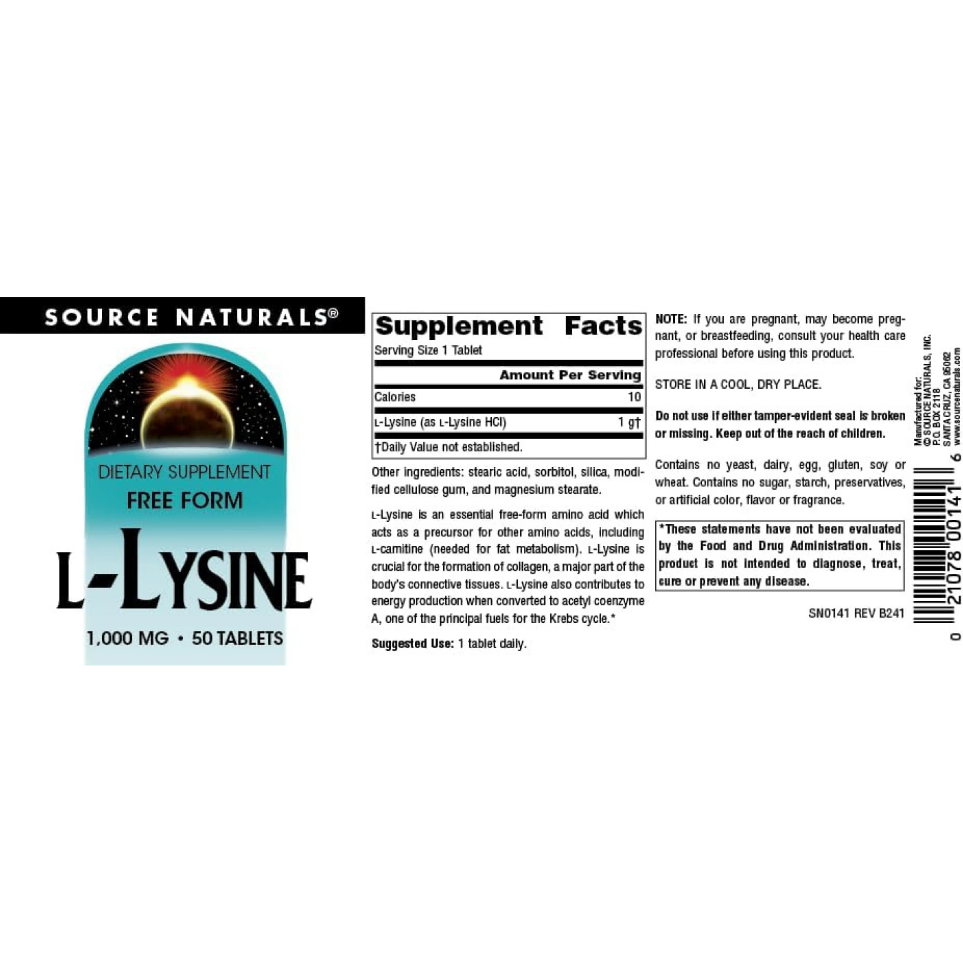 Source Naturals, L-Lysine, 1000 Mg, 50 Tablets